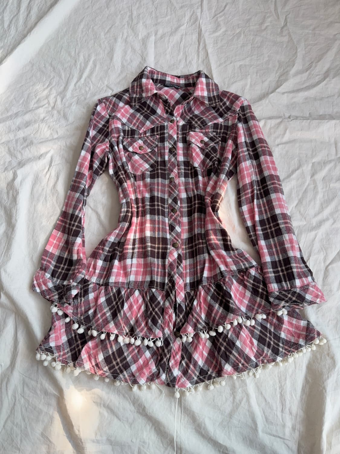 모카라떼 갸루 러블리 체크 폼폼 셔츠 원피스 상품이미지1