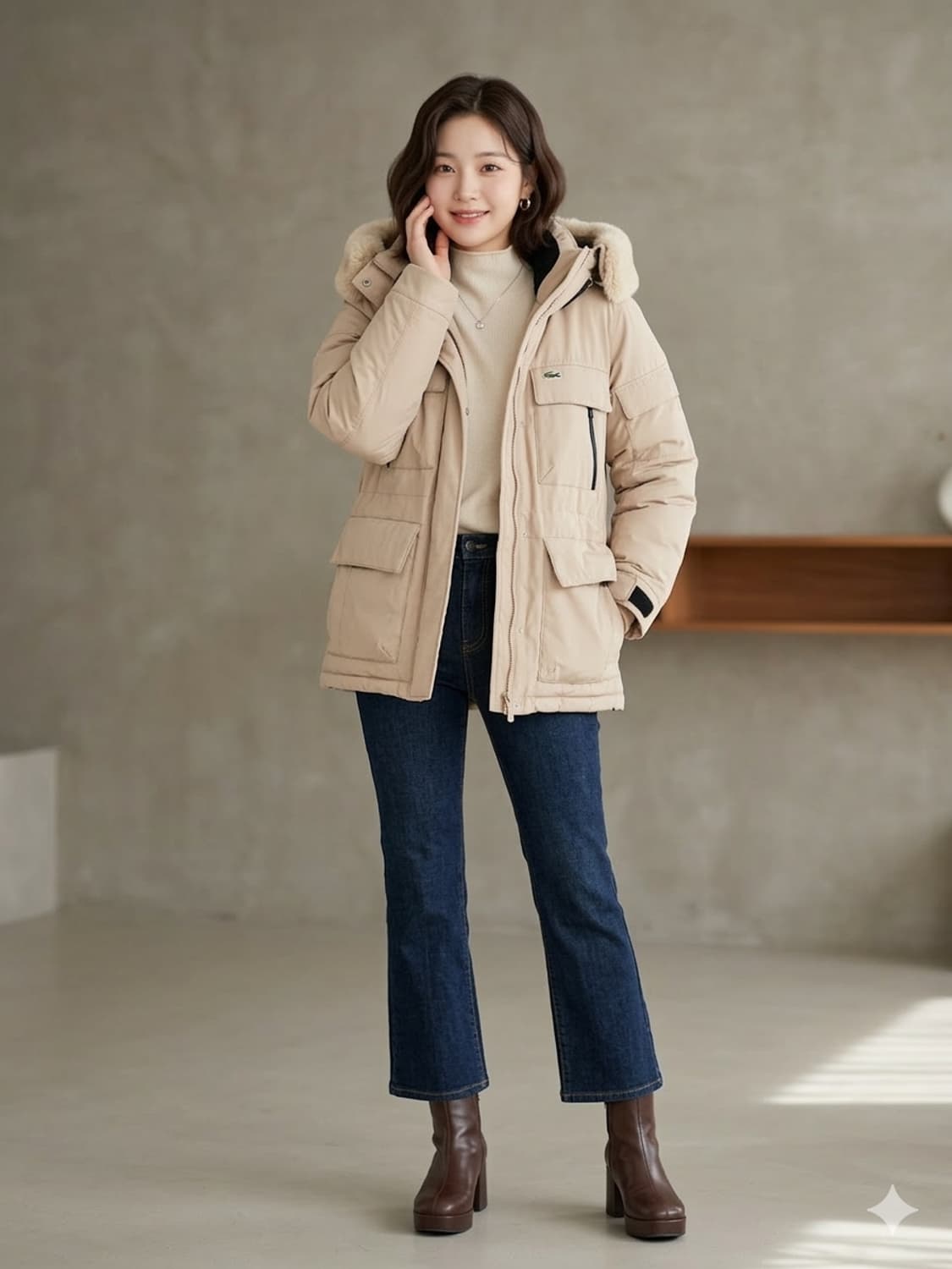 라코스테(LACOSTE) 베이지 덕다운 패딩 야상 자켓 상품이미지1