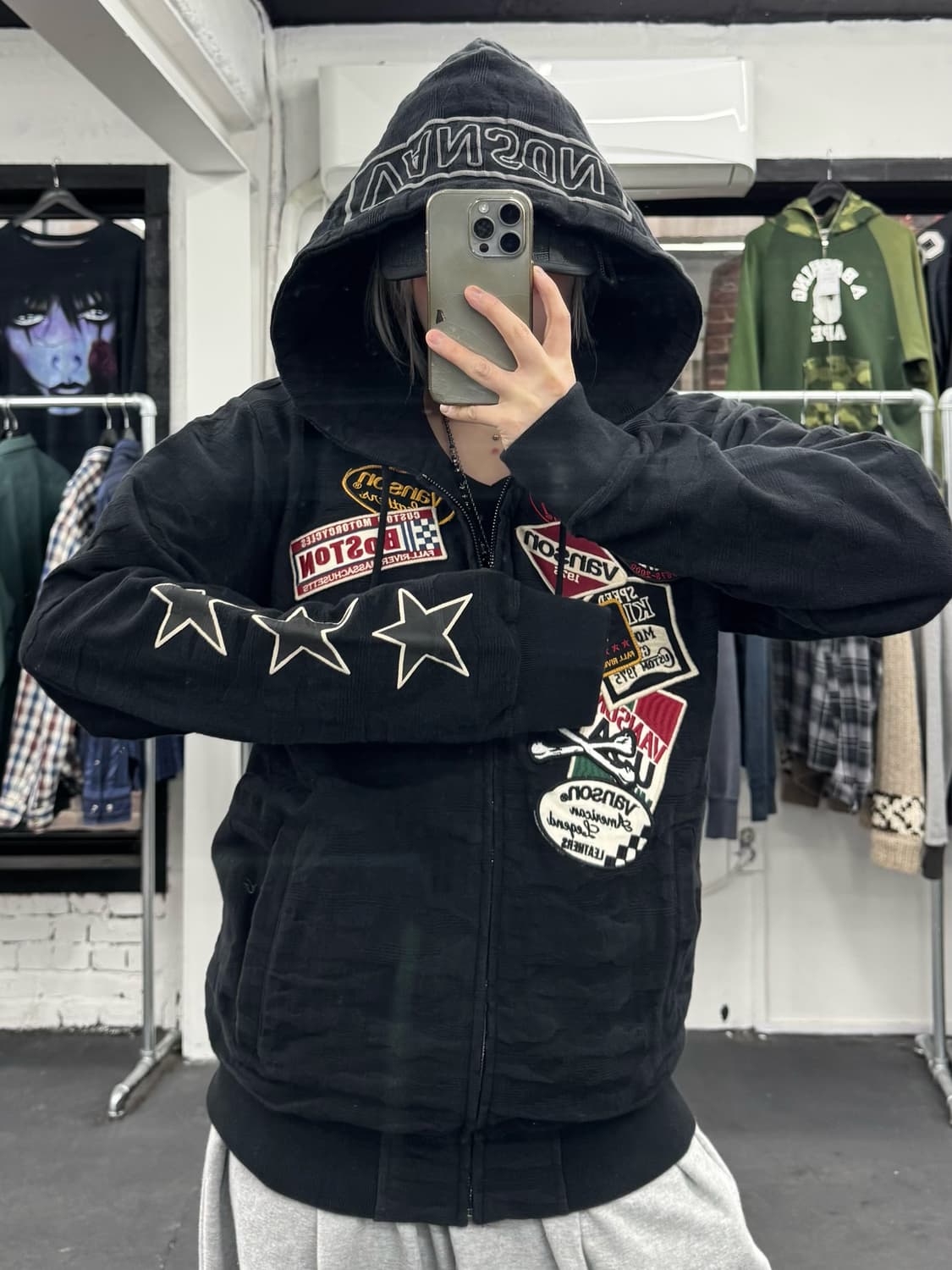 밴슨 레더 패치워크 카모 후드집업 상품이미지3
