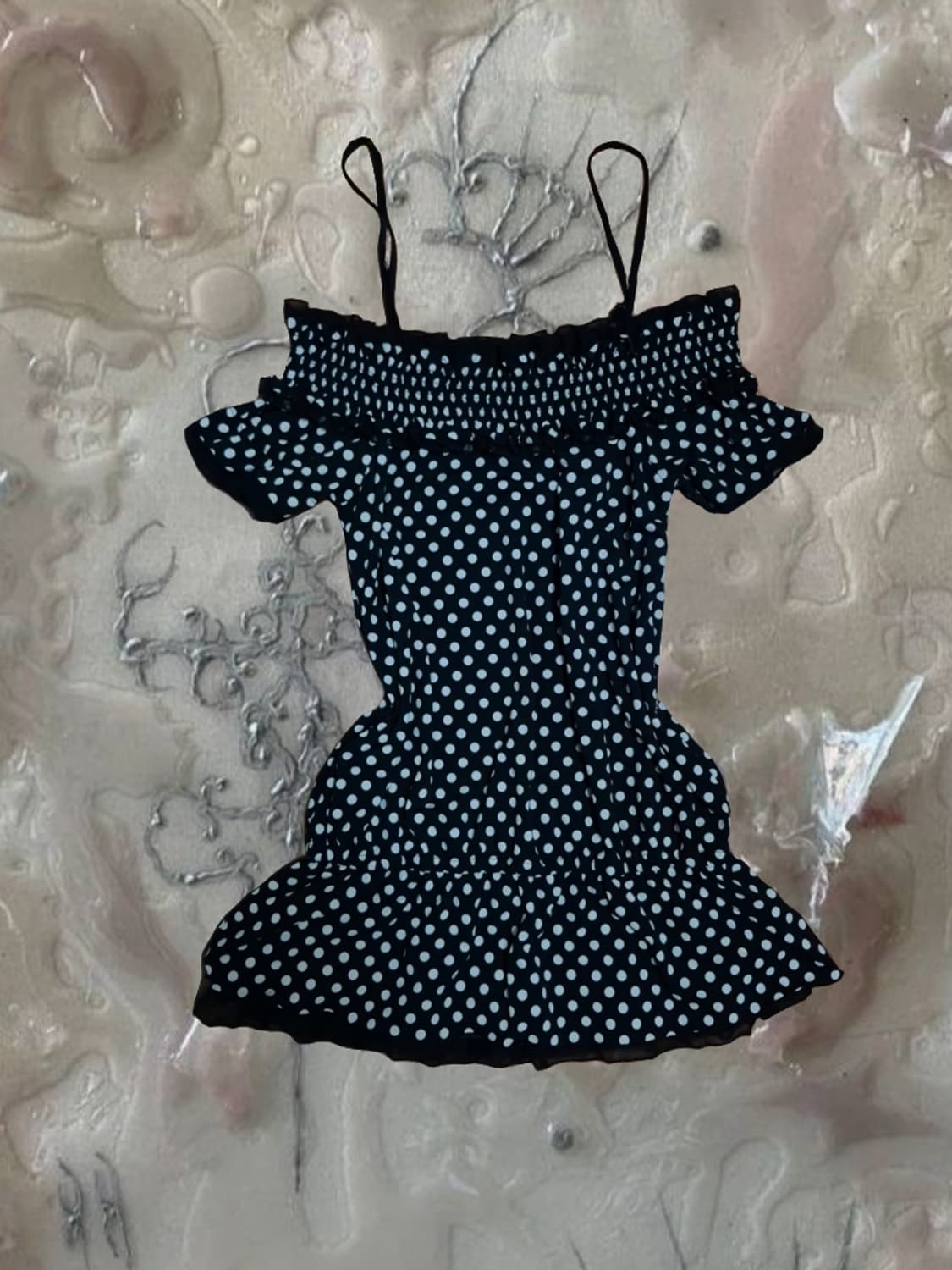 일본 빈티지 갸루 로걀탑 블랙 도트 오프숄더 블라우스 레이스 슈가슈가룬 상품이미지1