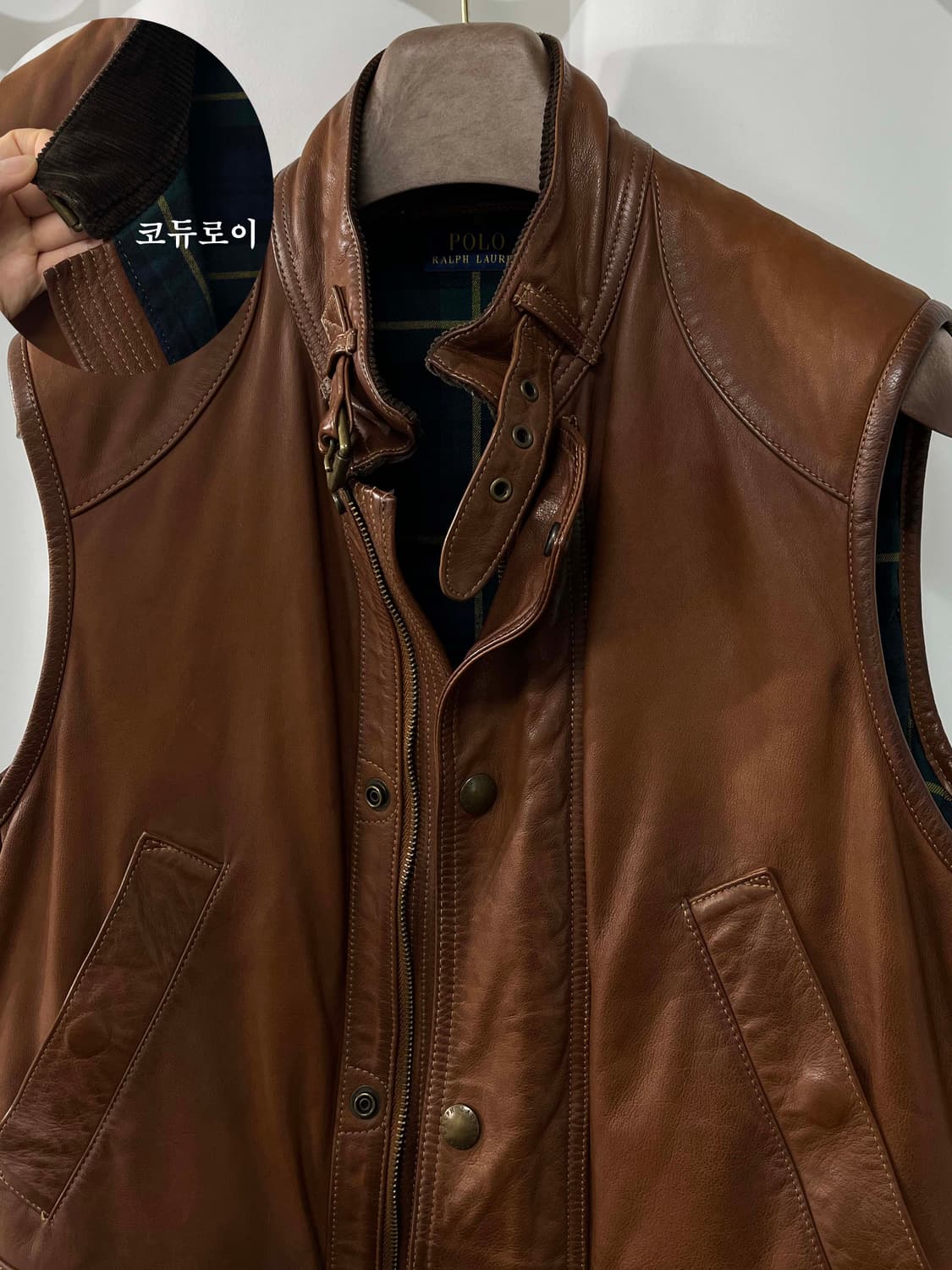 폴로 랄프로렌 카우하이드 브라운 헌팅 레더 블랙와치 베스트 자켓 상품이미지4