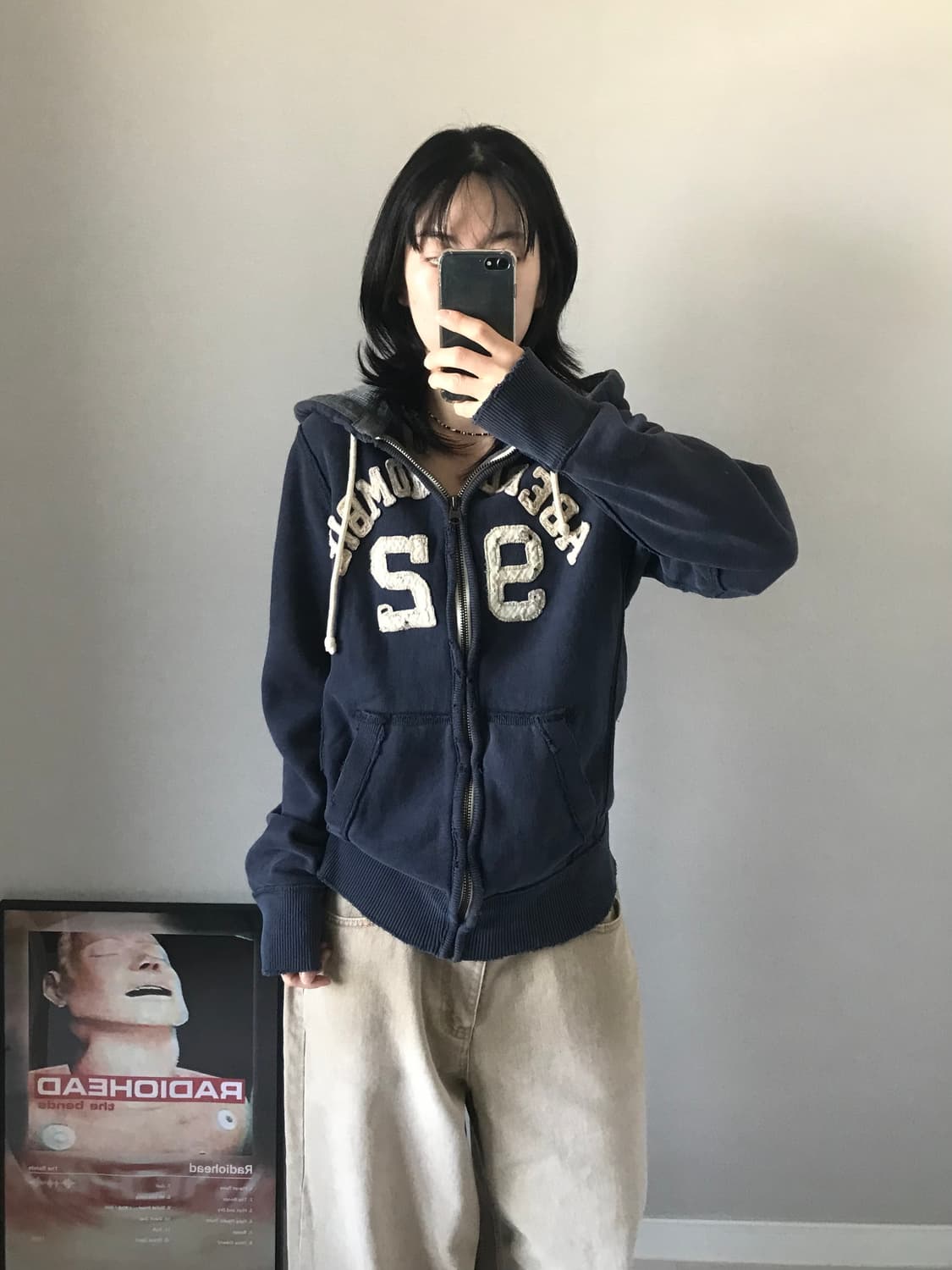 아베크롬비 중앙 자수로고 헤비코튼 네이비 후드집업 상품이미지1