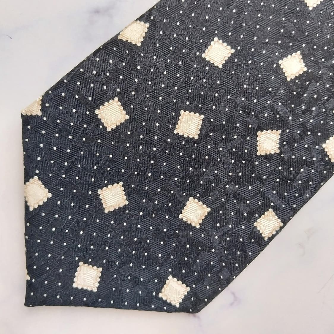 아쿠아스큐텀 아이보리 & 블랙 패턴 넥타이 9.5cm A+등급 K2587 상품이미지7