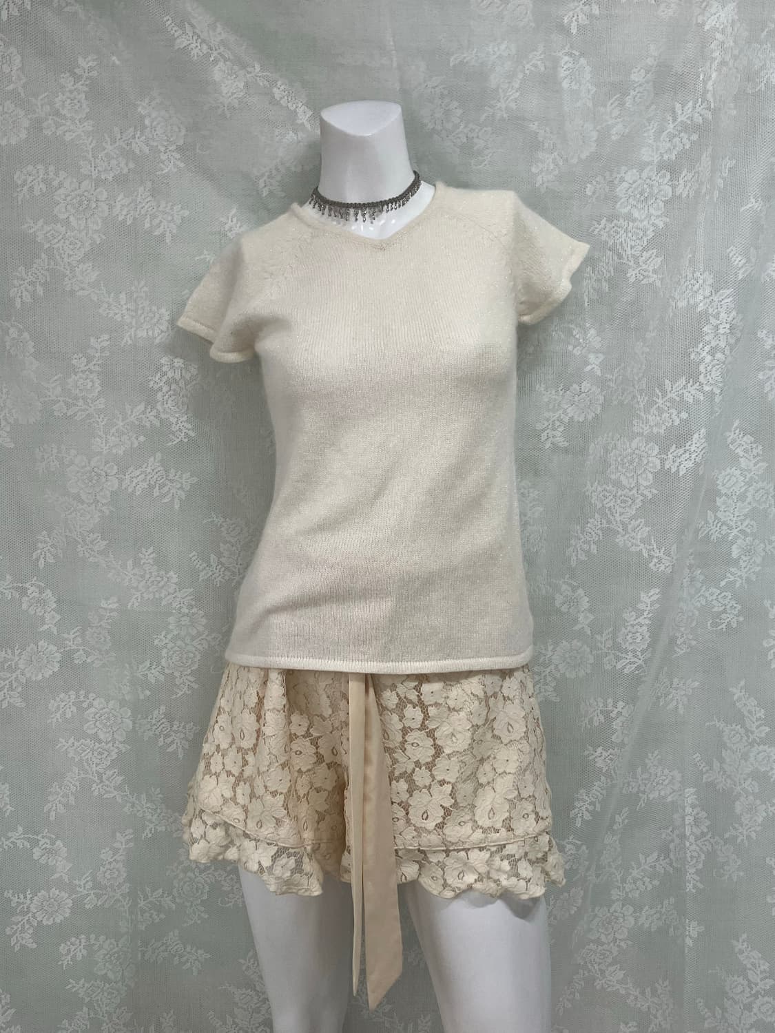 빈티지 화이트 펄 니트 반팔 1111 모리걸 y2k 스트릿 갸루 펑키 일 상품이미지2