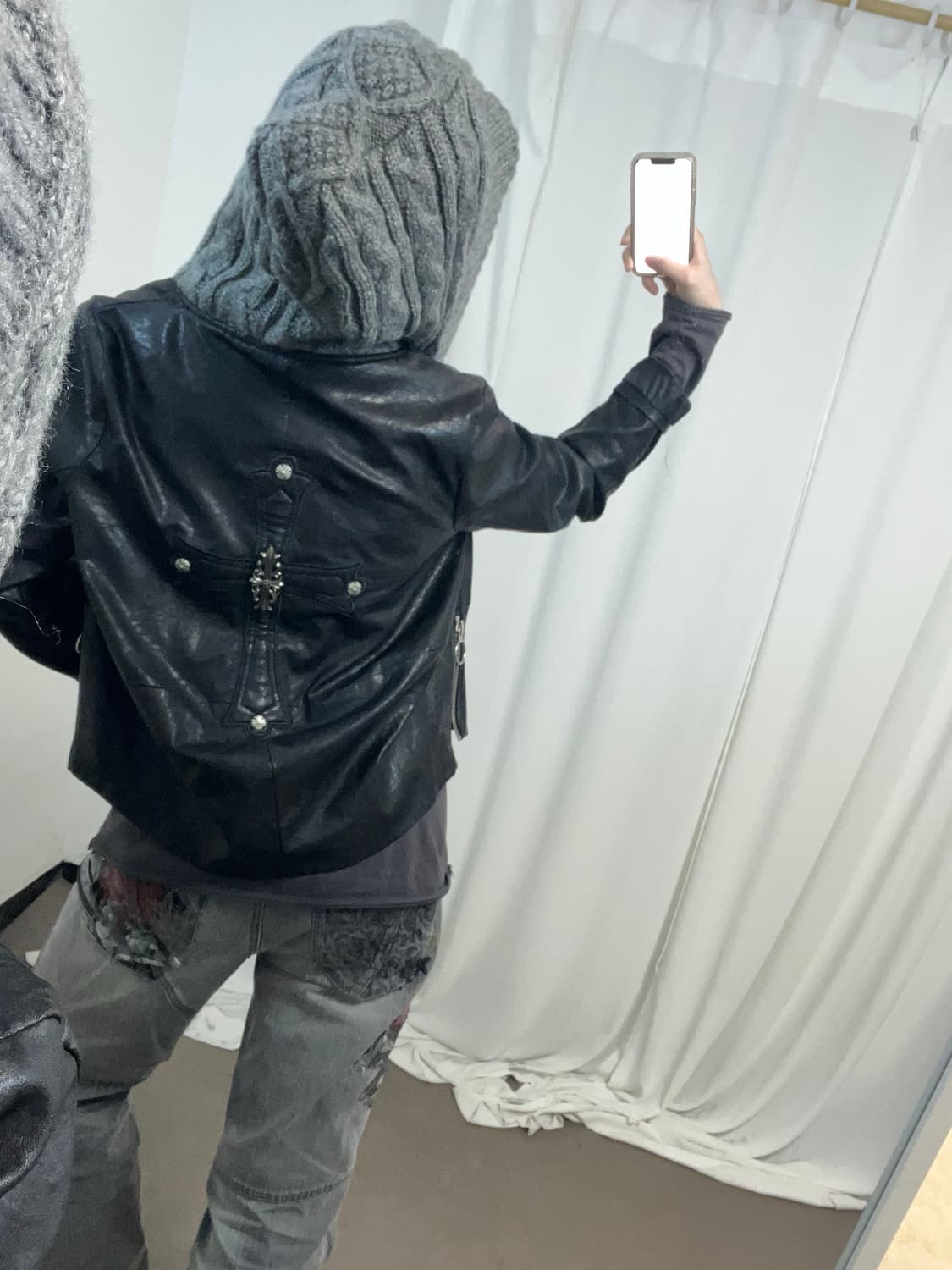 십자가 니트 후드 레더 자켓 상품이미지5