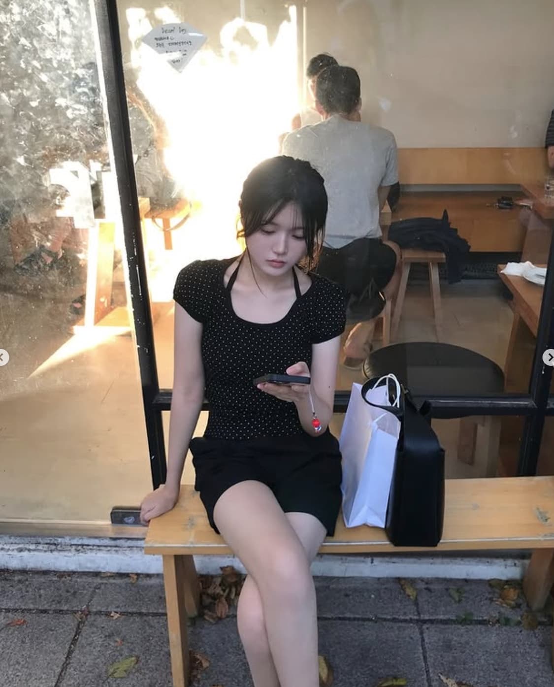 하이스쿨디스코 퍼프소매 도트 리본 숏 슬리브 티셔츠 블랙 상품이미지2