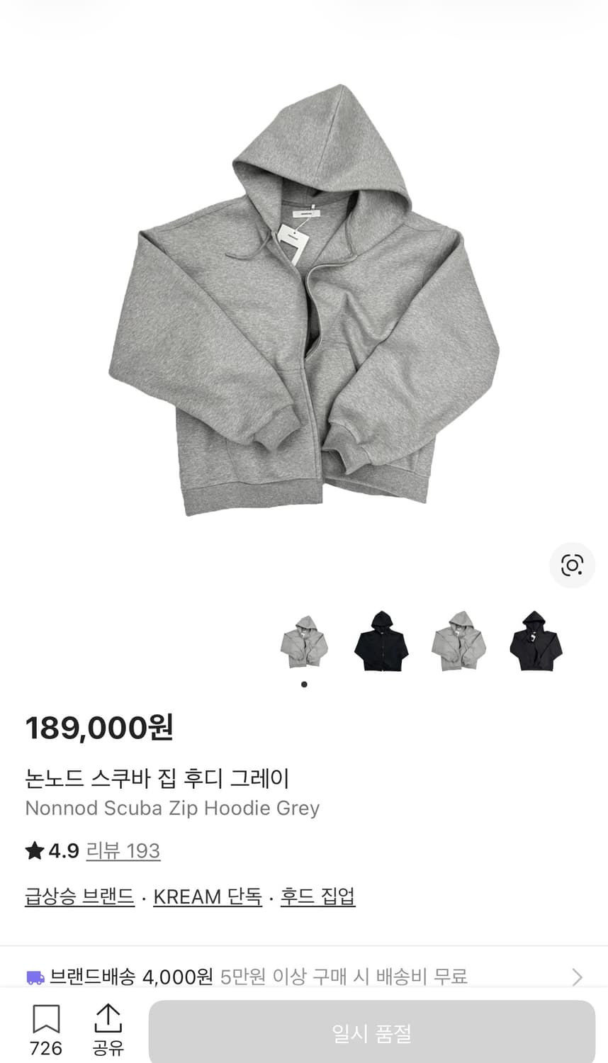 논노드 스쿠바 집업 후디 그레이 0사이즈 상품이미지1