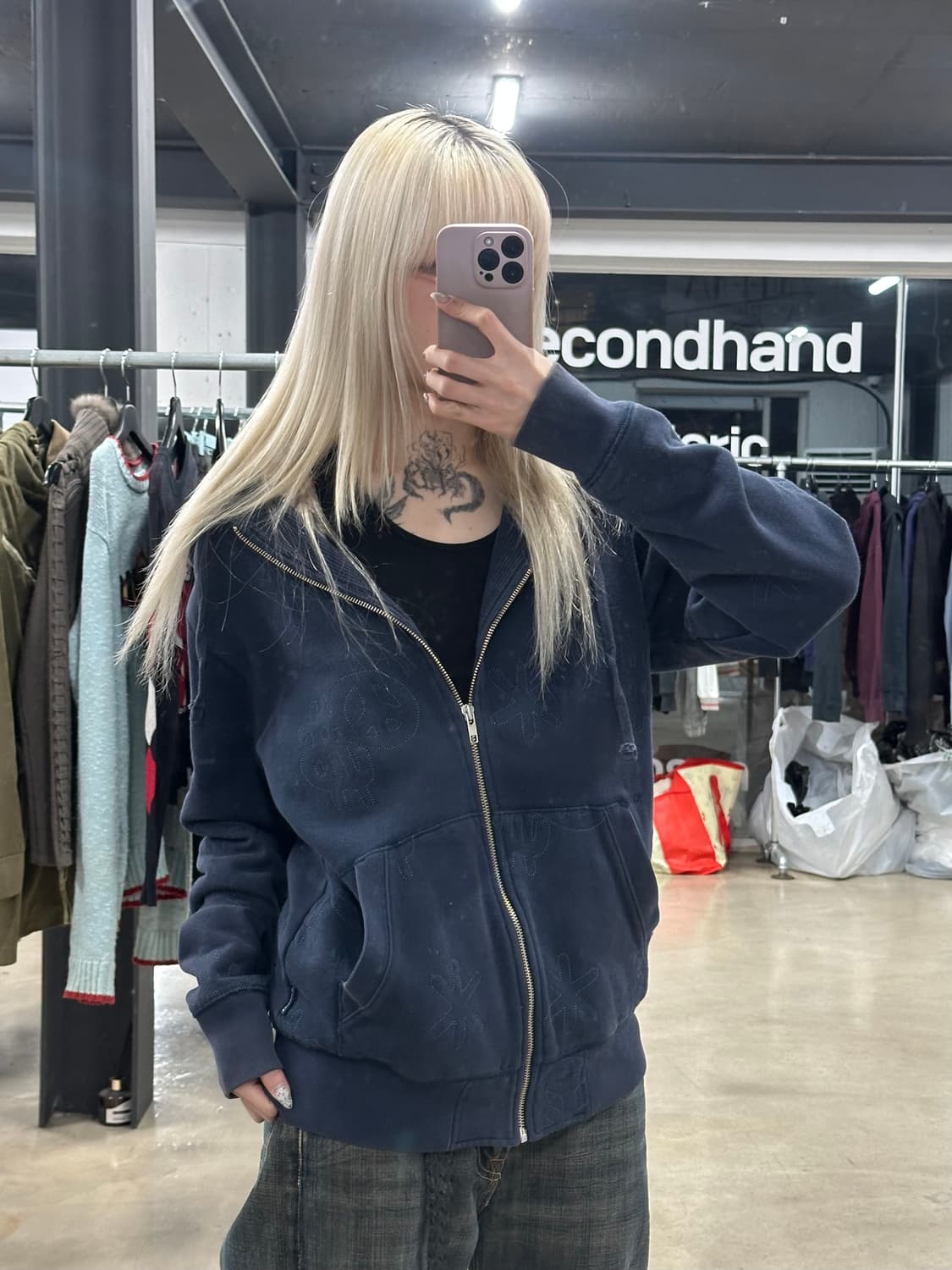 스투시 네이비 올오버 스티치 로고 후드 집업 상품이미지1