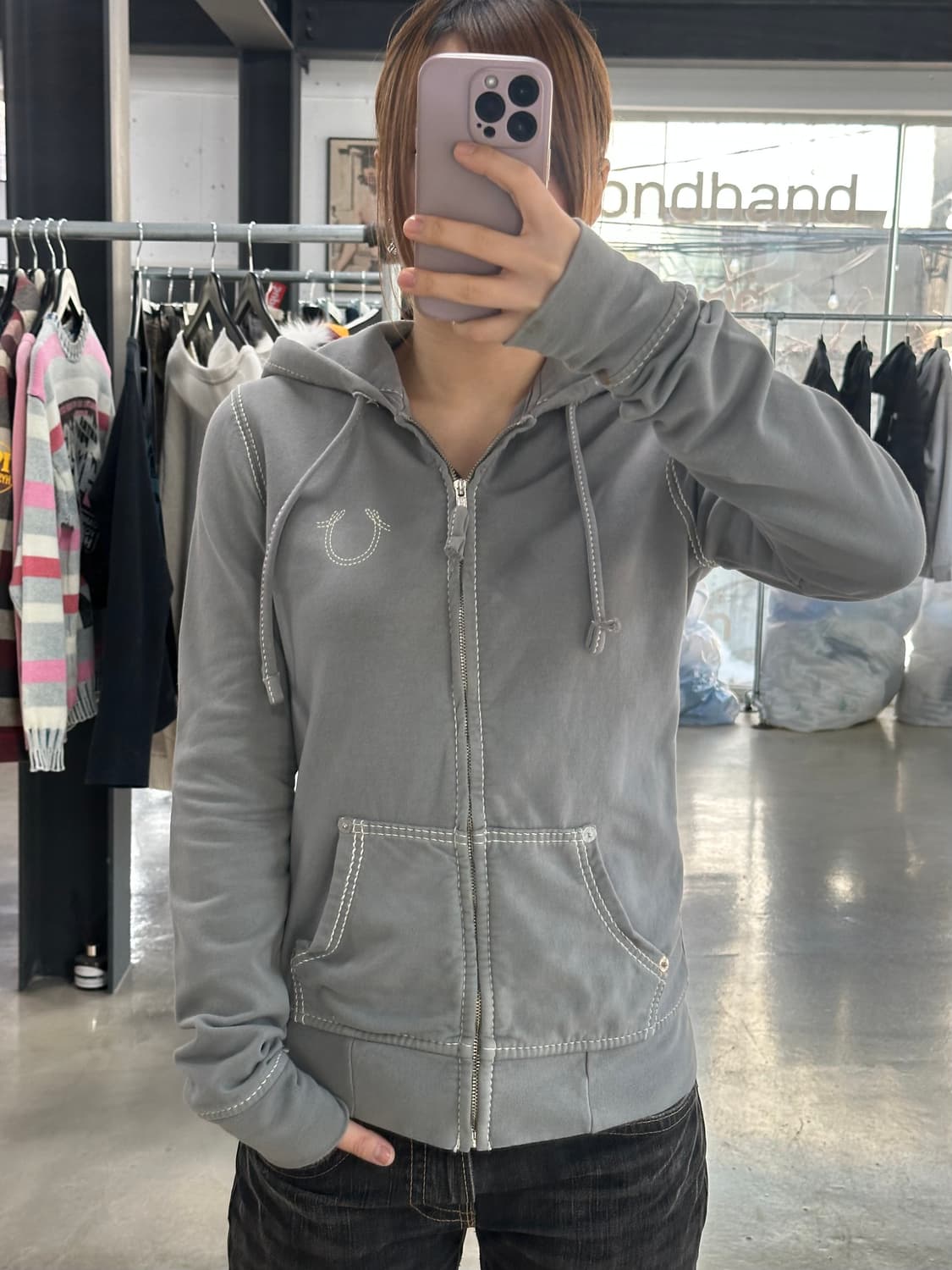 트루릴리전 스티치 워시드그레이 후드집업 상품이미지1