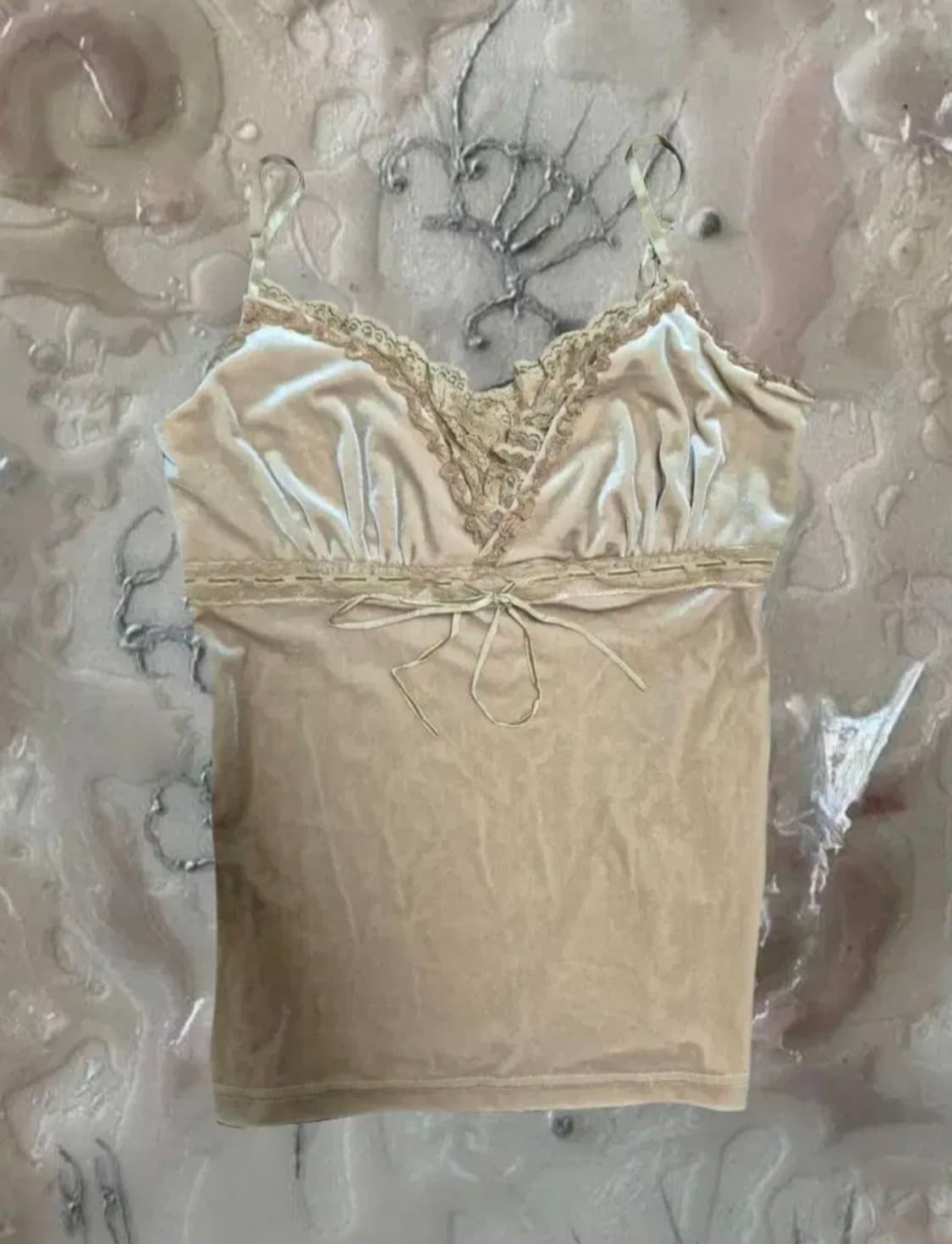 빈티지 라떼 갸루 베이지 벨벳 레이스 캐미솔 로걀탑 나시 슬리브리스 상품이미지1