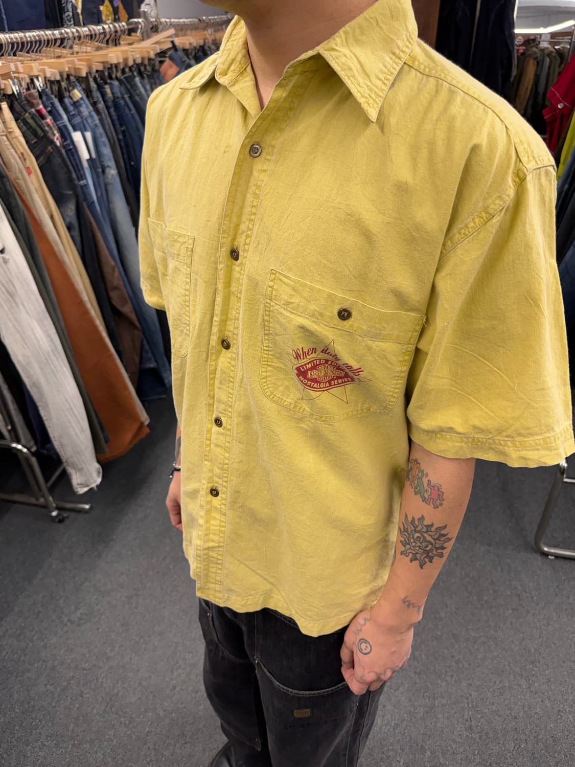 M)할리데이비슨 빈티지 프린팅 옐로우 반팔셔츠 상품이미지1