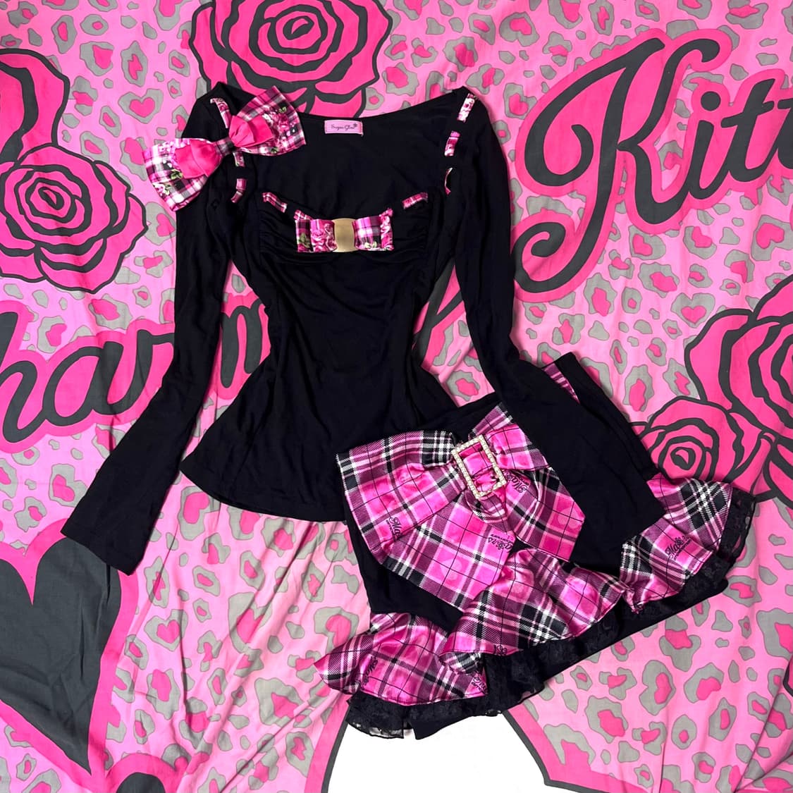 MA*RS마즈 블랙핑크 로즈 체크 리본 탑 히메 오네갸루 핀터대장 y2k 상품이미지1