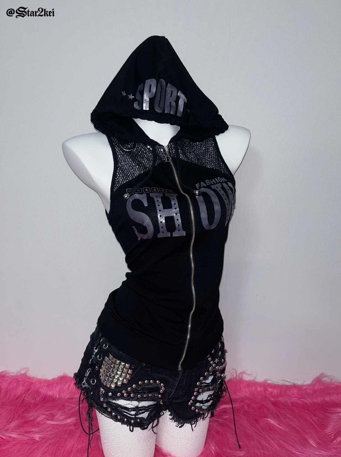 00’s 글램 그런지 펑크 갸루 슬림핏 슬리브리스 후드집업  상품이미지2