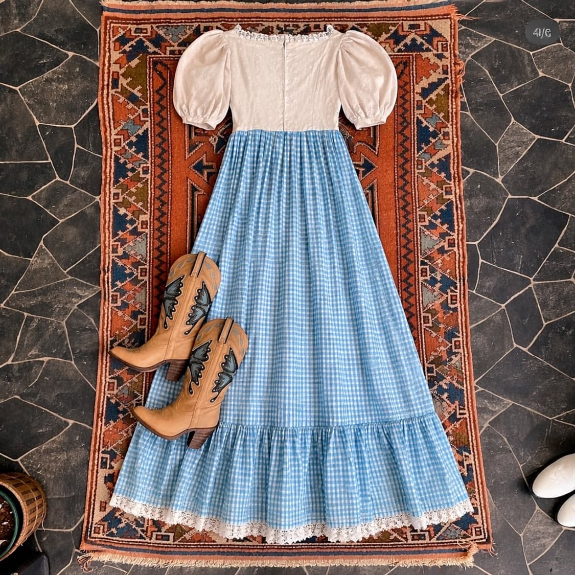 70s Prairie Dress 블루킹엄체크 빈티지 드레스 상품이미지2