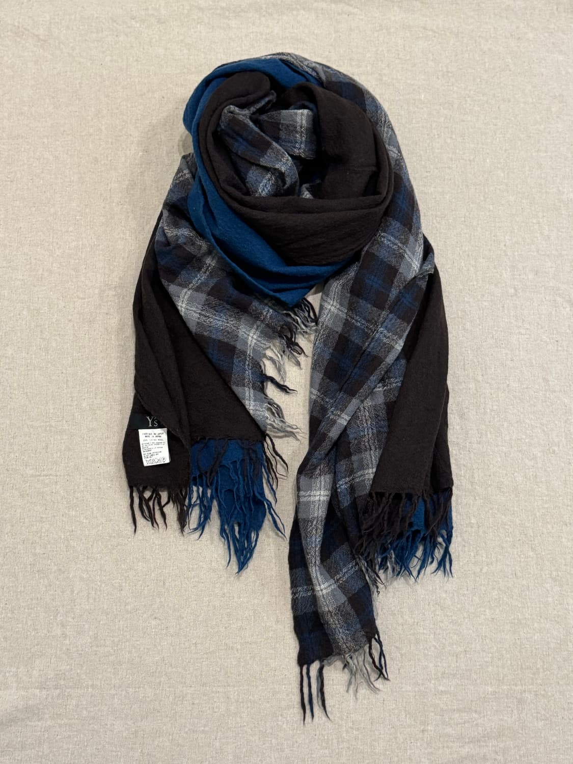 요지야마모토 브라운 체크 레이어드 울 머플러 상품이미지1