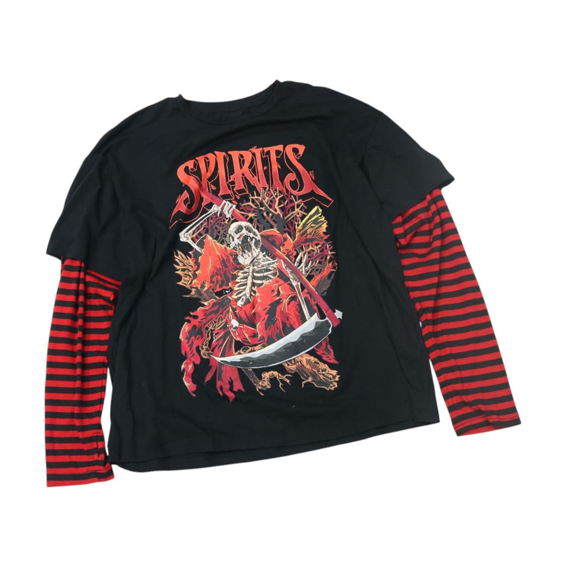 펑크룩 스컬 사신 프린팅 레드 스트라이프 레이어드 긴팔티 상품이미지1