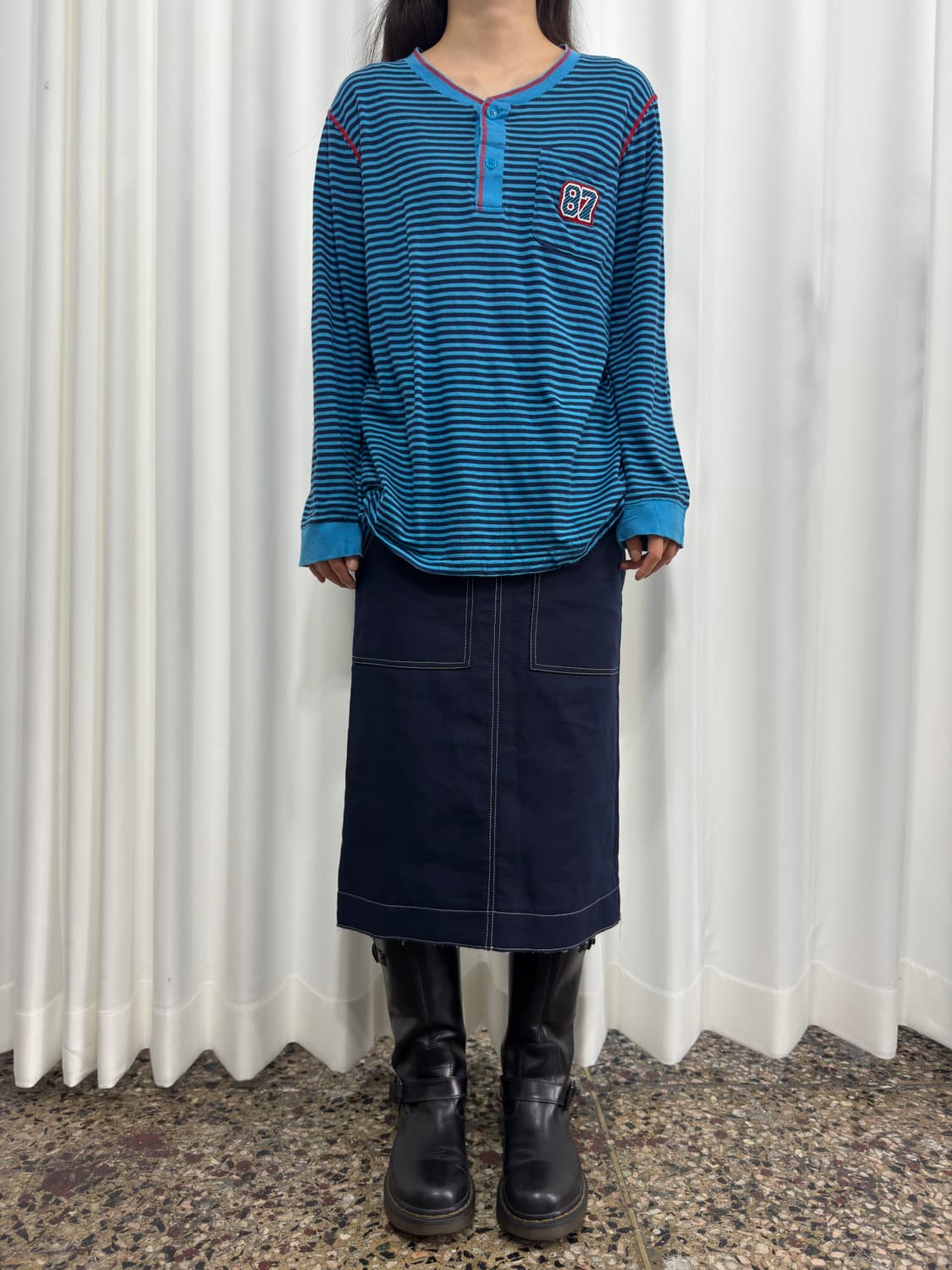 dressterior navy stitch belt midi skirt 상품이미지2