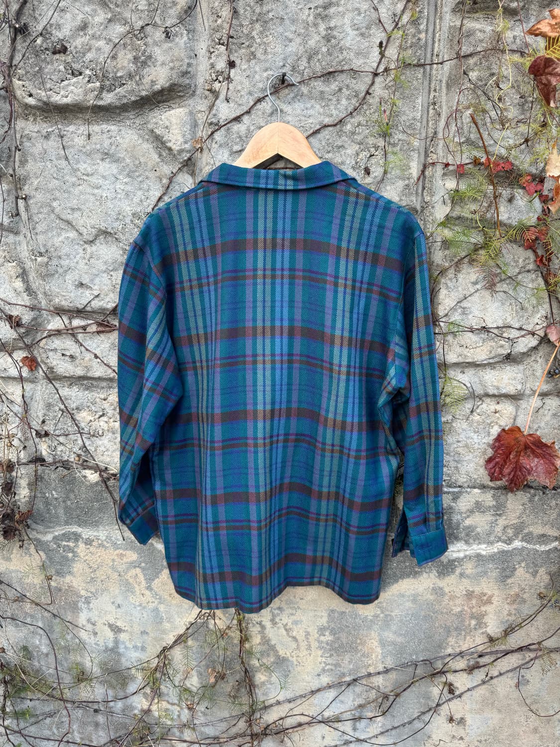 일본 빈티지 레트로 오픈 카라 단추 포인트 체크 플란넬 셔츠 상품이미지2