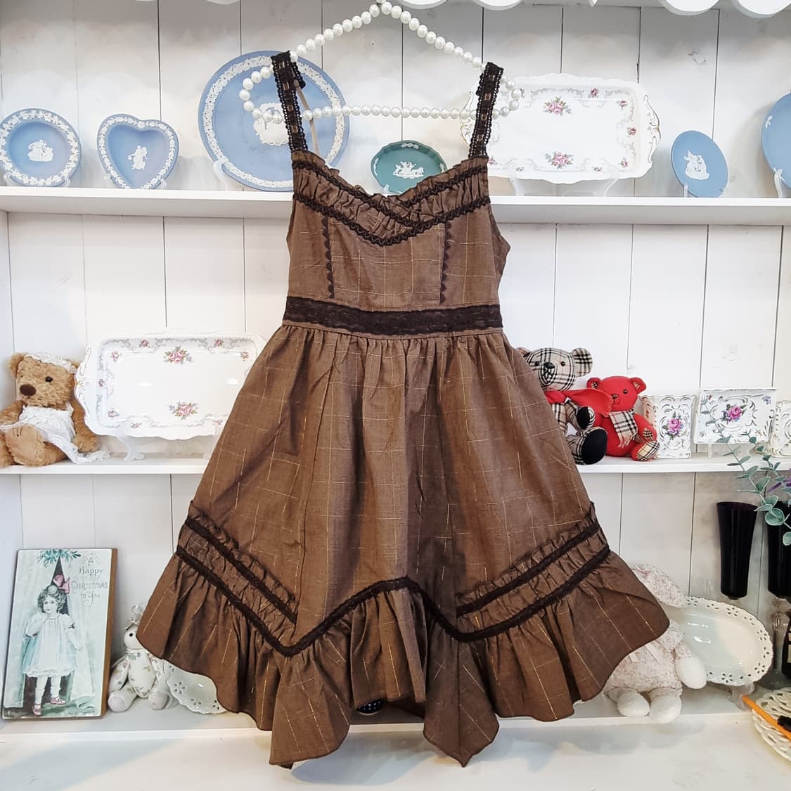 브라운 체크 프릴 레이스 원피스 상품이미지1