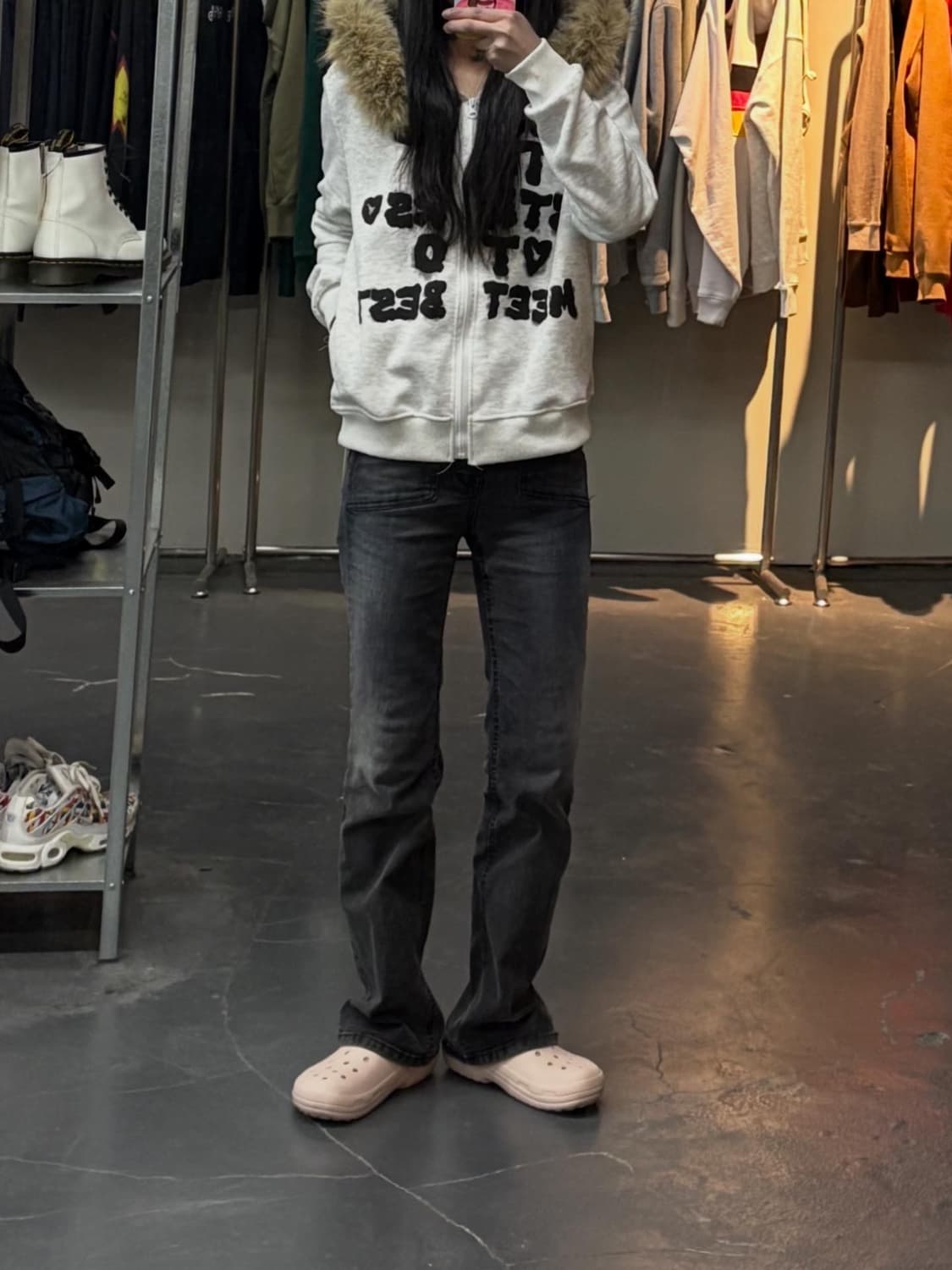 빈티지 레터링 퍼 후드집업 (퍼 탈부착 가능) A3125 상품이미지1