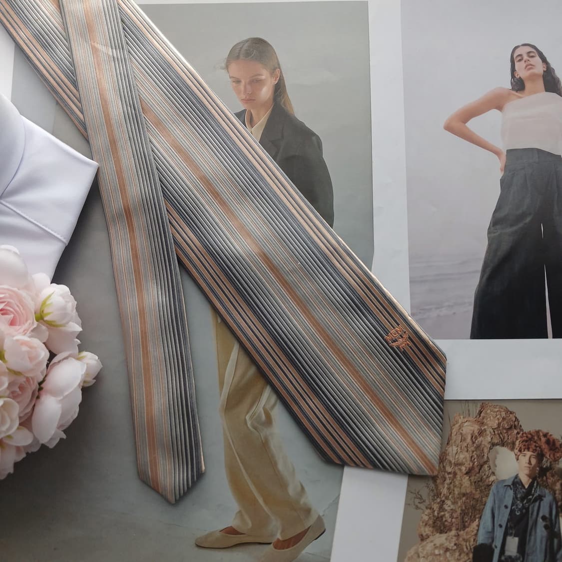 MCM 실크 그레이&골드 스트라이프 넥타이 8.7cm A등급 A18415 상품이미지3