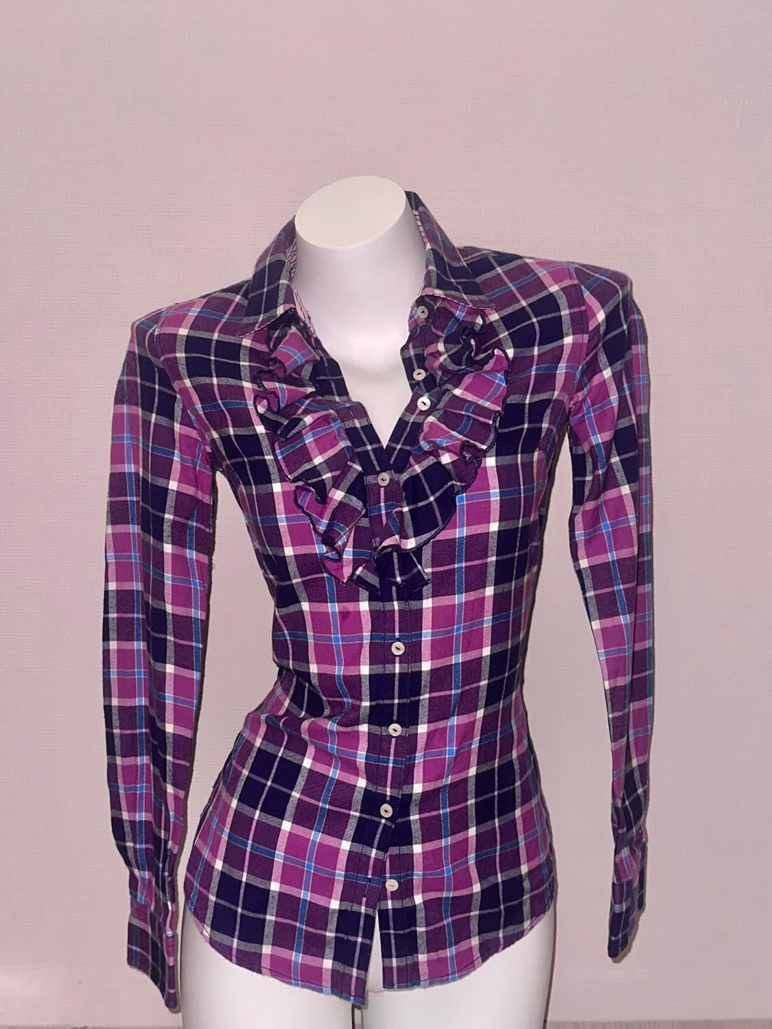 빈티지 퍼플 체크 프릴셔츠 상품이미지2
