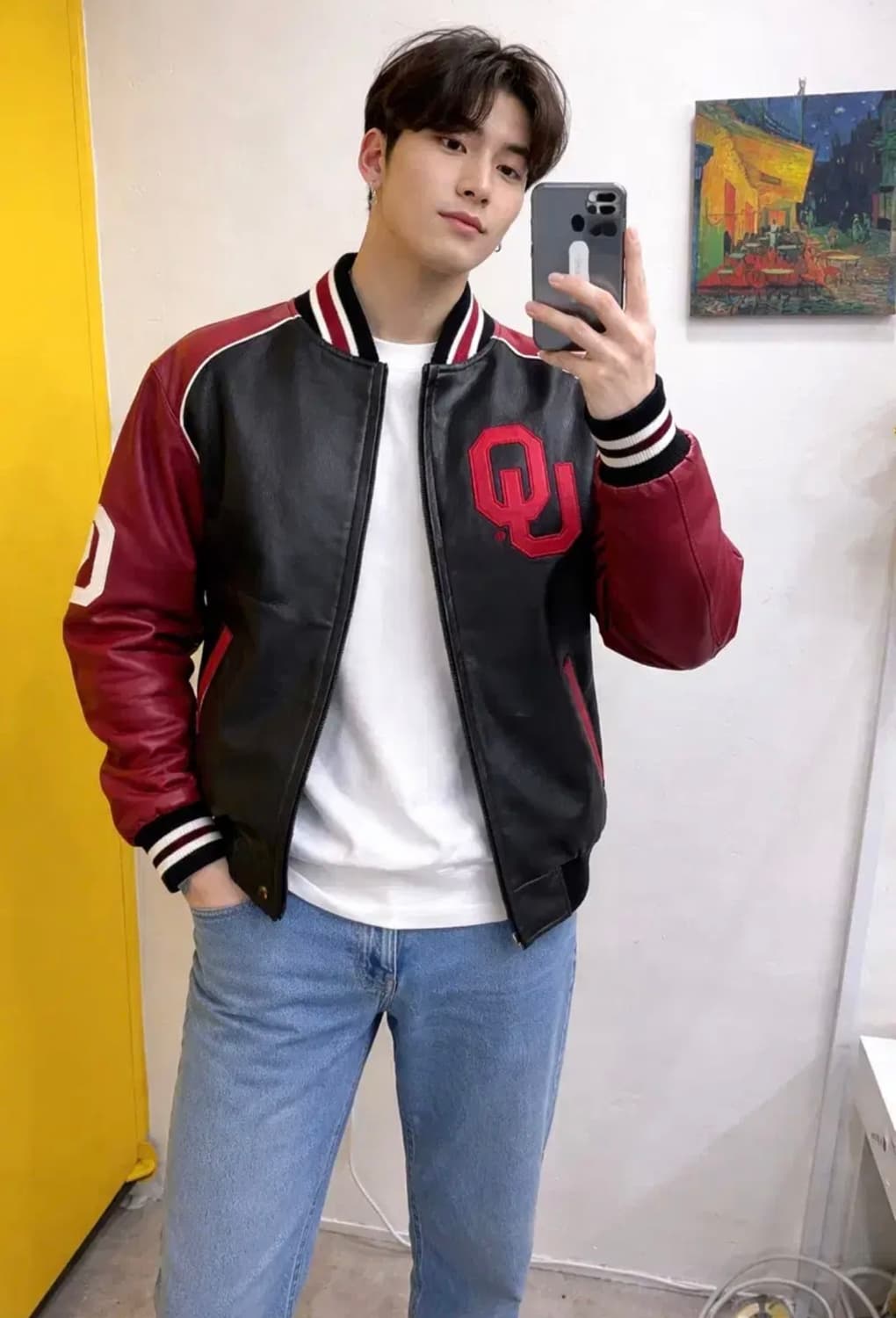 90s QJ Oklahoma Sooners 풋볼 레더 바시티 자켓 상품이미지1