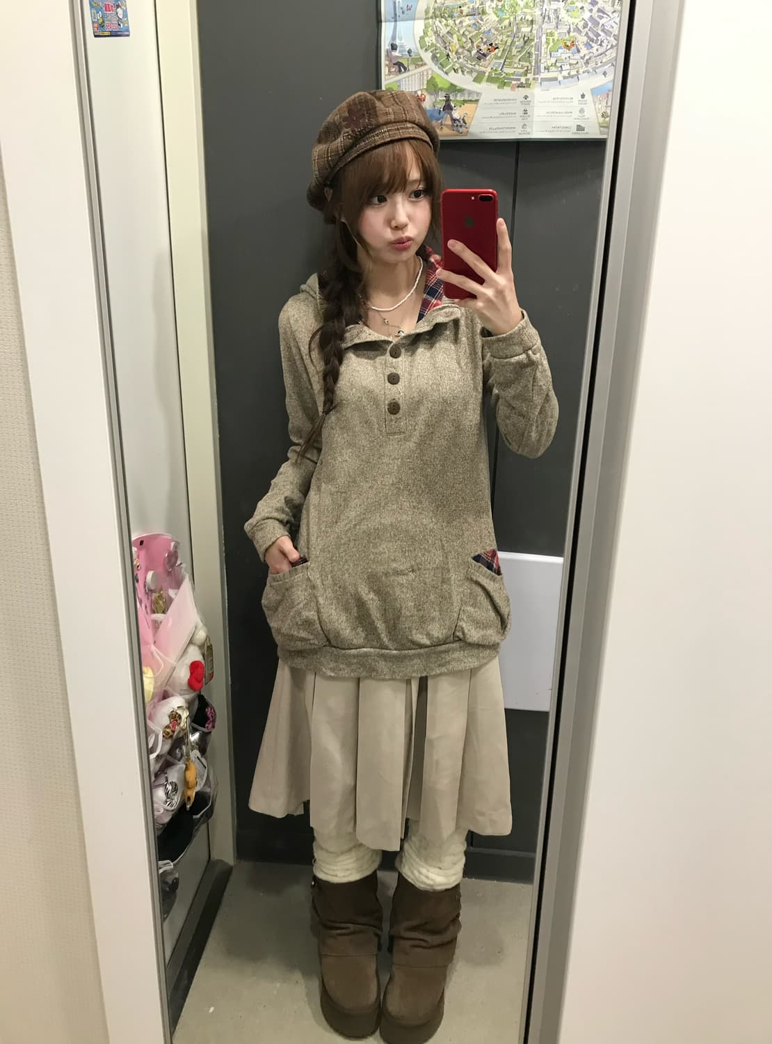 베이지 니혼진 모리걸 체크 코트 코디세트 상품이미지3