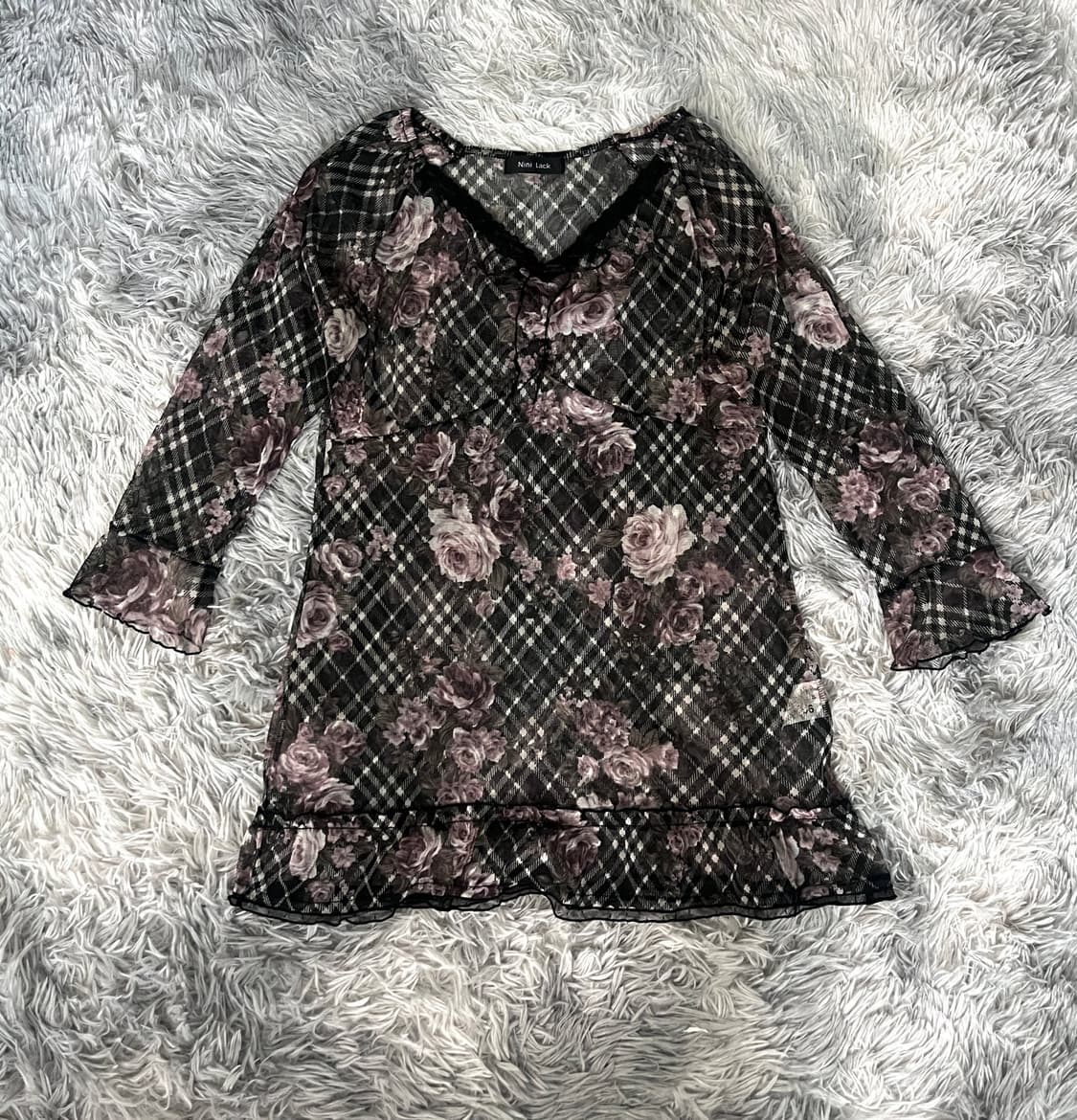 블랙 엔틱 고딕 로즈 장미 프릴 레이스 셔링 쉬폰 레이어드 블라우스 상품이미지8