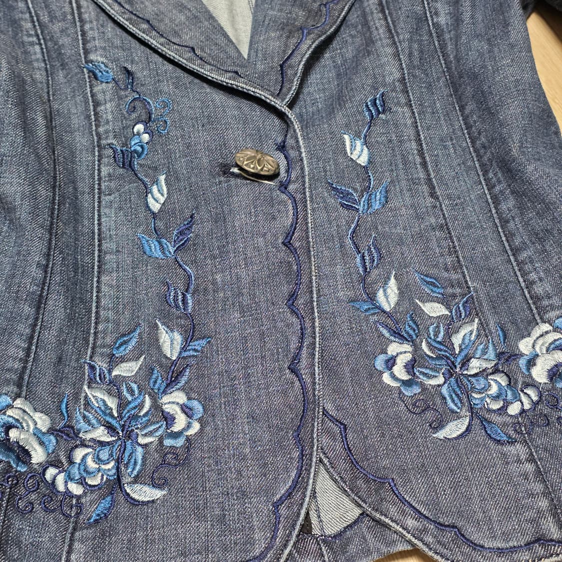 빈티지) 로맨틱 모리걸st 플라워 블루 자수 앤틱 데님 여성 청자켓 상품이미지4