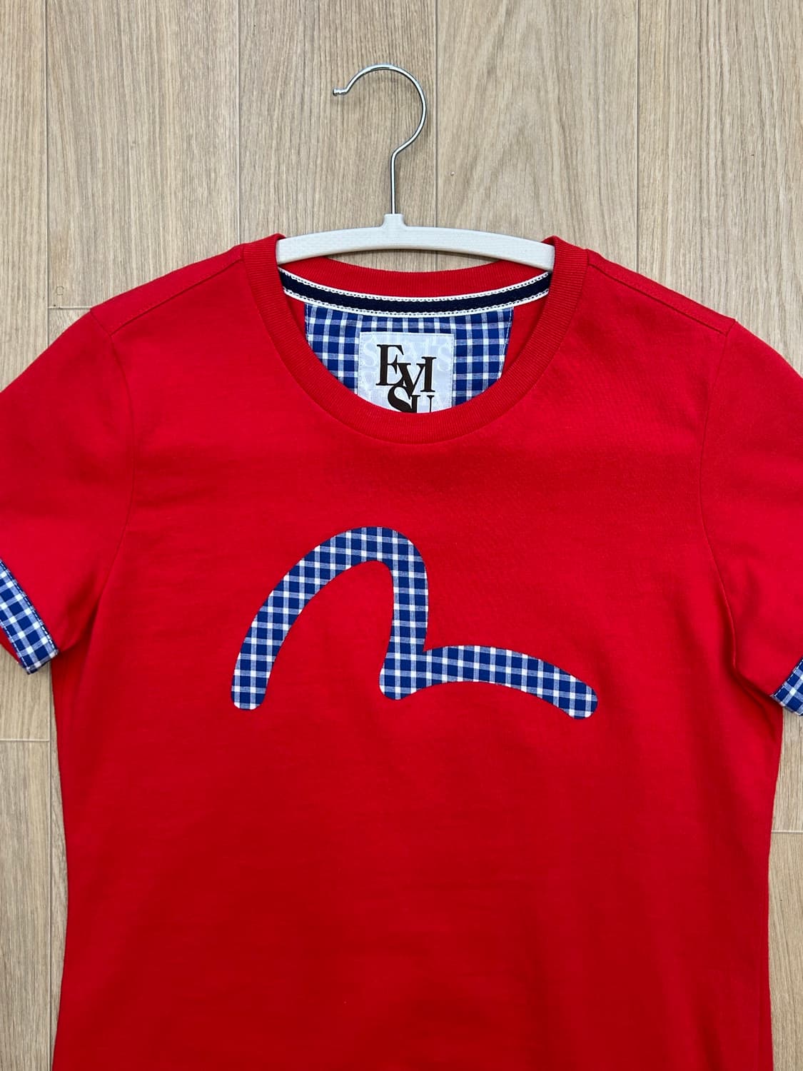 EVISU 에비수 체크 로고 레드 반팔 티셔츠 여성 S 상품이미지2