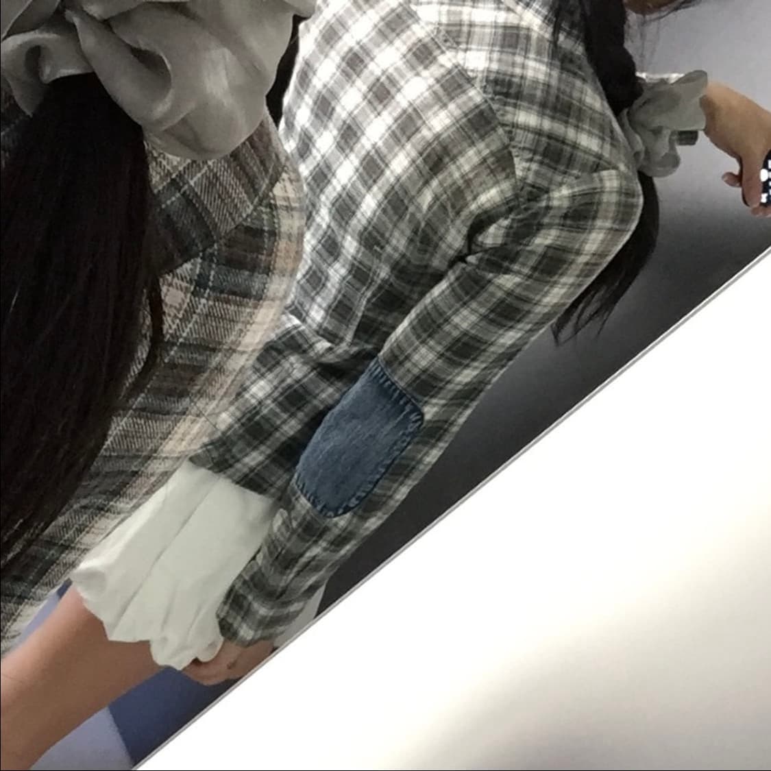 Mand C 모리걸 너드 괴짜 체크 데님 패치 셔츠 상품이미지2