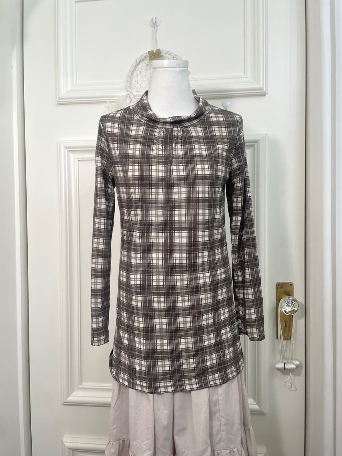 ivory brown check shirring point slim to 상품이미지1