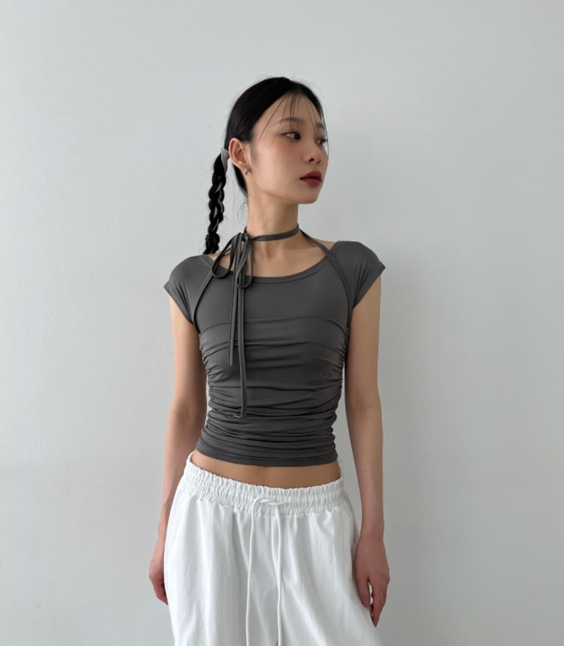 시너진 져지 저지 캡소매 크롭 반팔티 그레이 상품이미지2