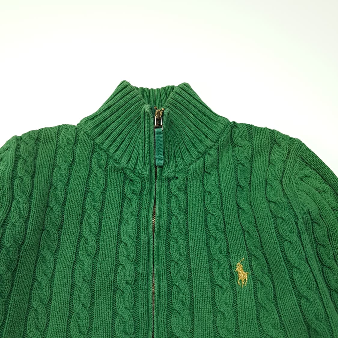 CL099 M 폴로 랄프로렌 옐로우 포니 자수 그린 케이블 니트 집업 상품이미지2