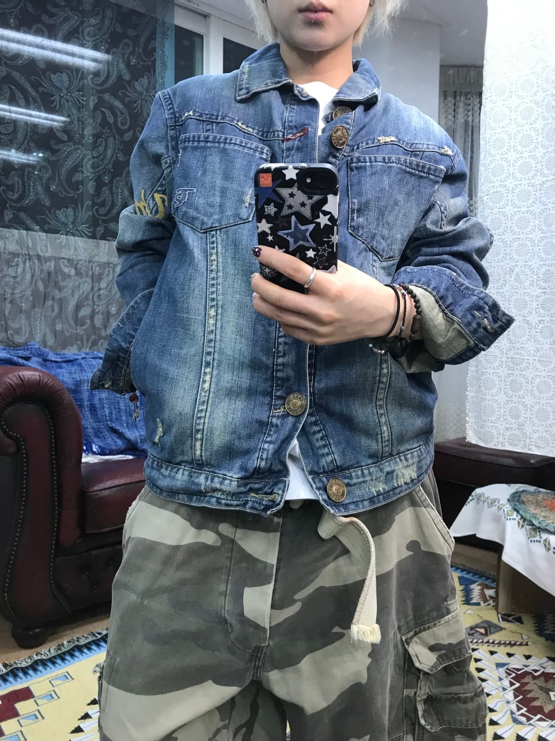 Take two 빈티지 백자수 디테일 데님 트러커 (Z1013) 상품이미지1