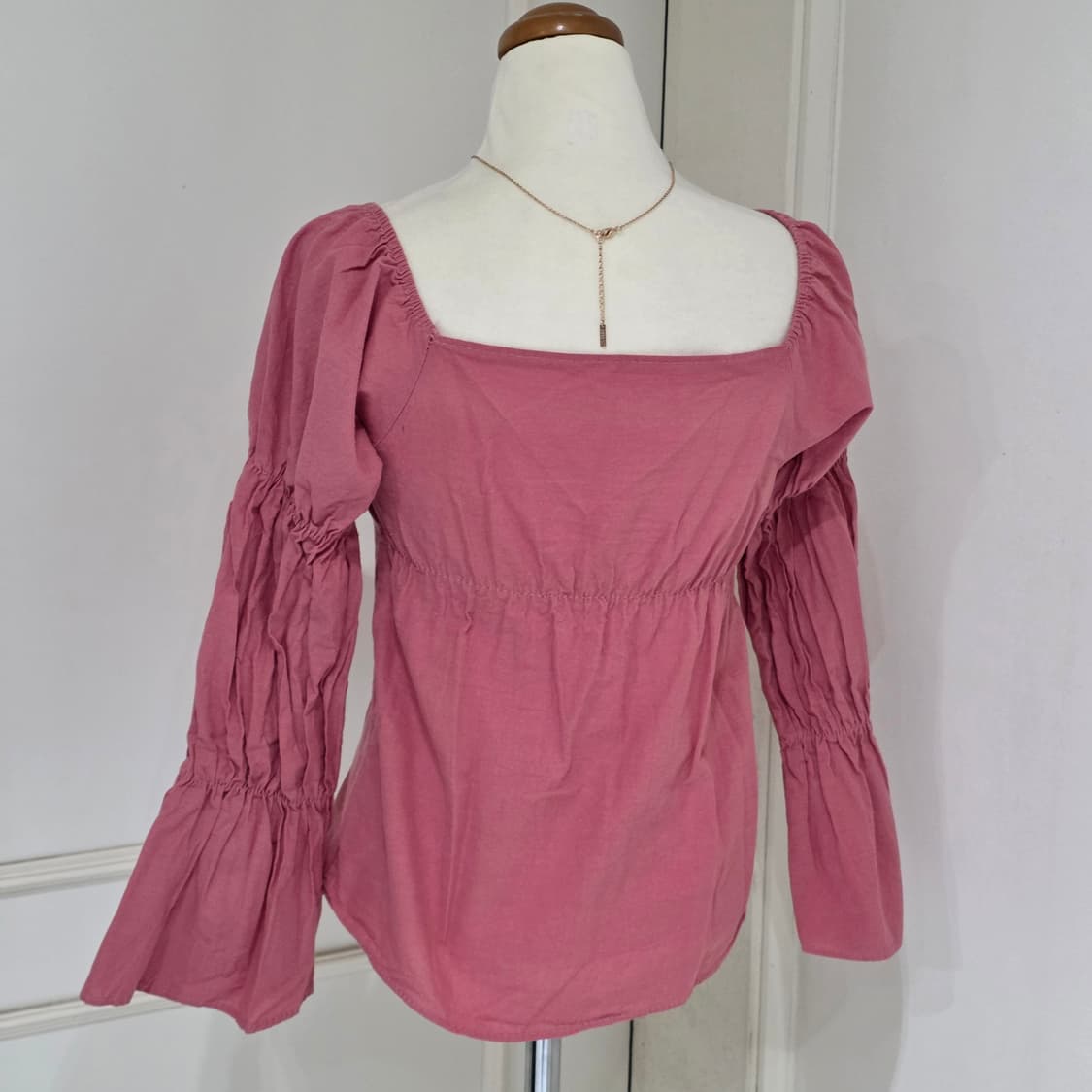 빈티지)핑크히메갸루 모리걸 스퀘어넥 셔링 오프숄더 로맨틱 린넨퍼프블라우스 상품이미지2