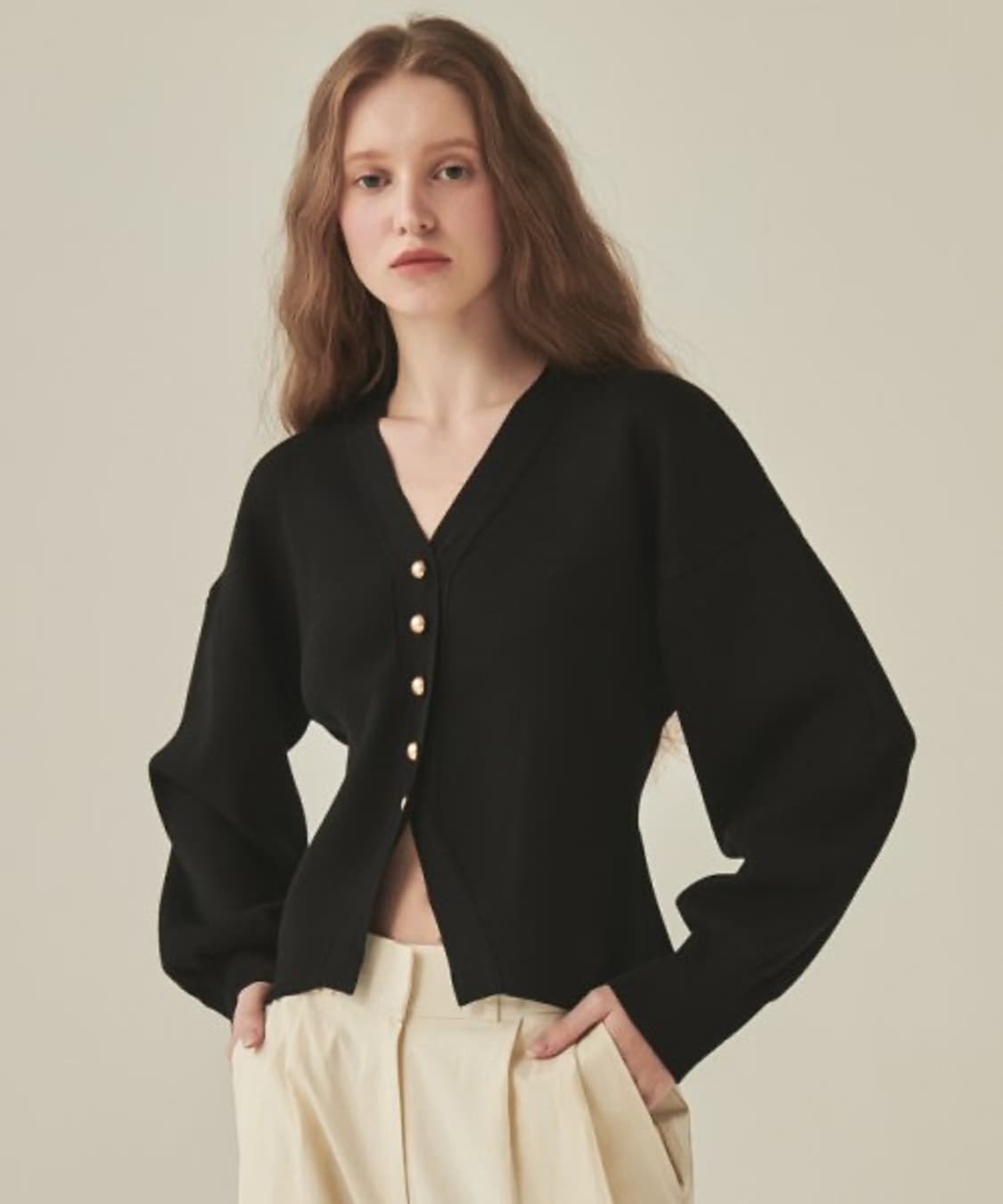 ronron 론론 라운드 라인 금장 버튼 블랙 가디건 니트 F 상품이미지1