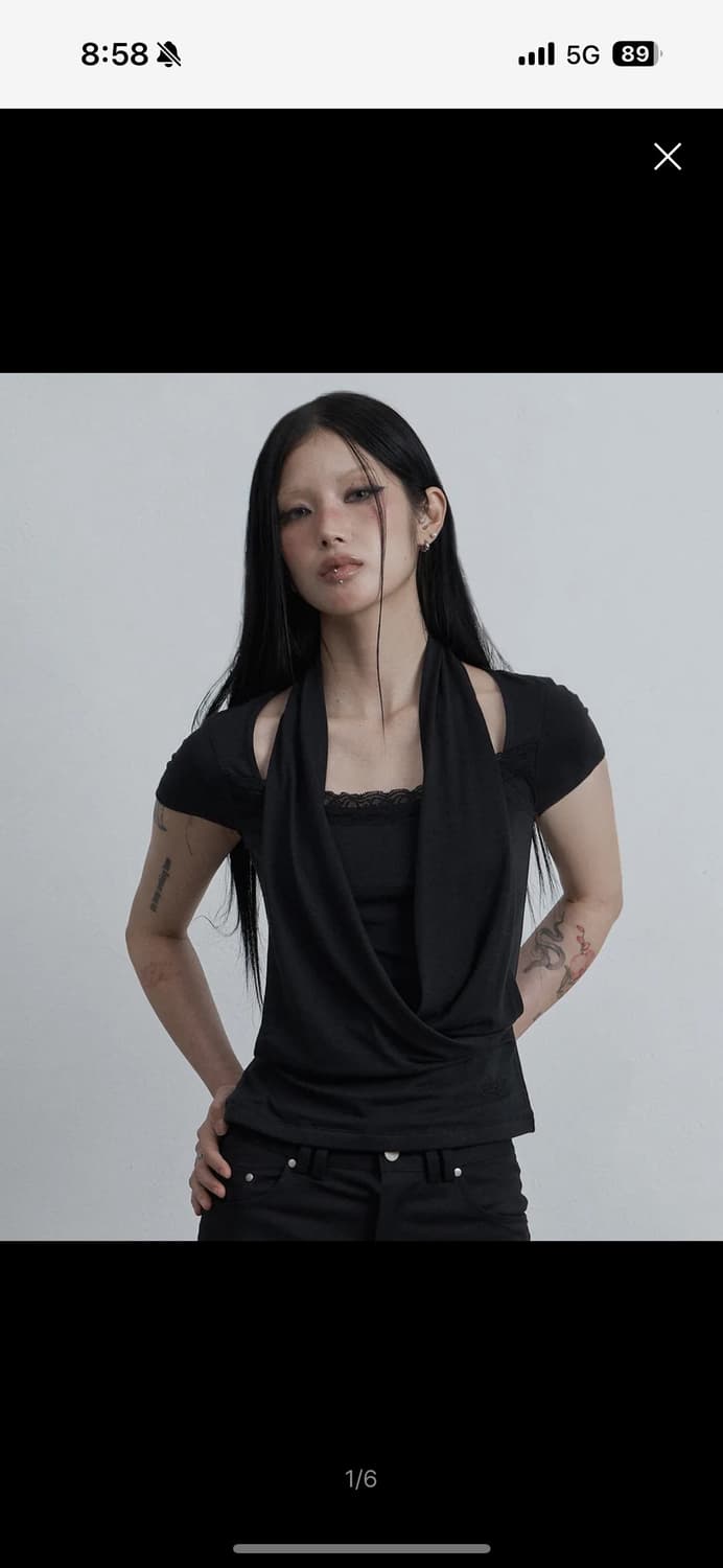 애즈유아 레이스 카울넥 티셔츠 블랙  상품이미지1