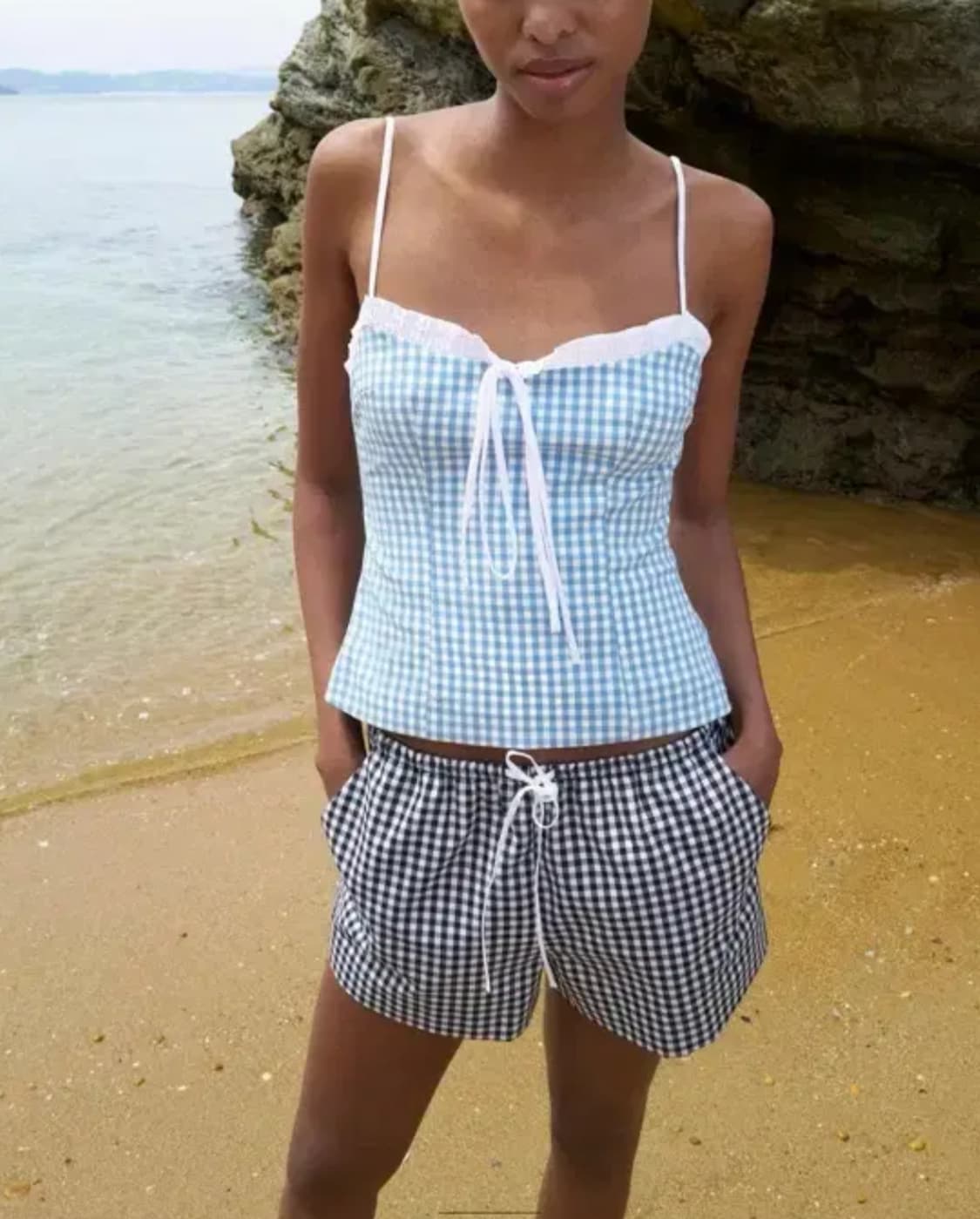 자라 리본 깅엄 체크 탑 블루 XS 상품이미지1