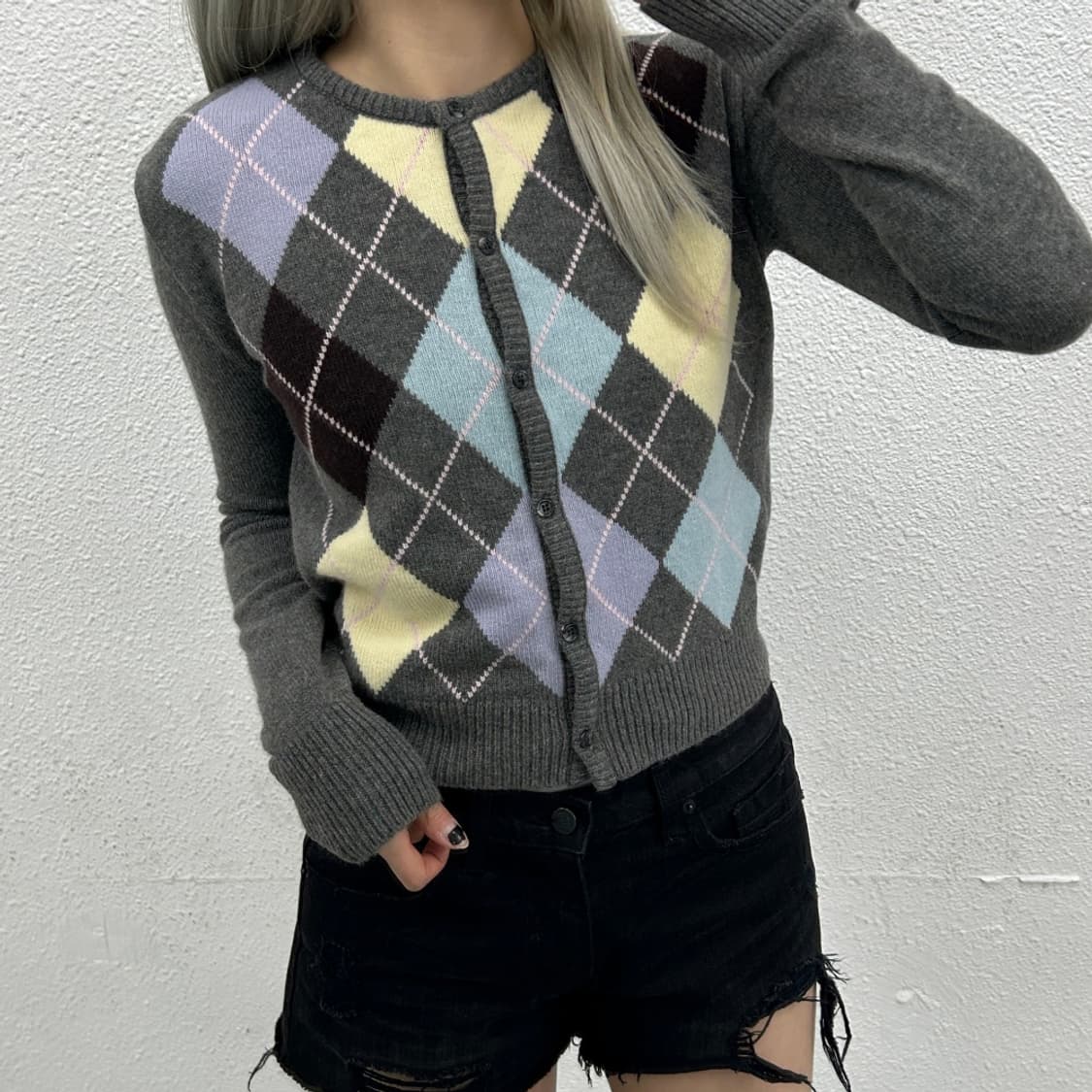 그로브 파스텔 아가일 그레이 가디건 상품이미지1