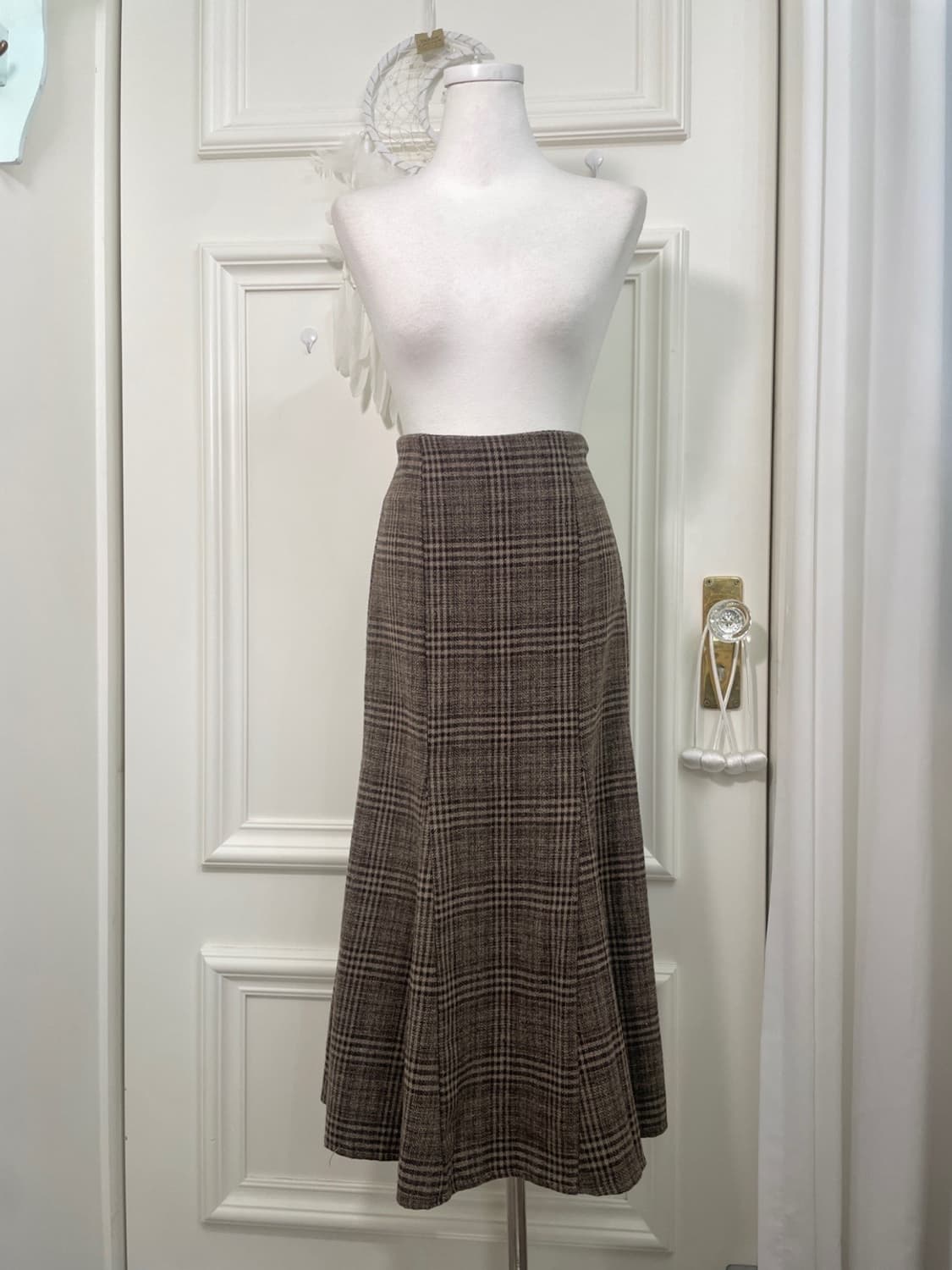 brown wool check flare long skirt 상품이미지1