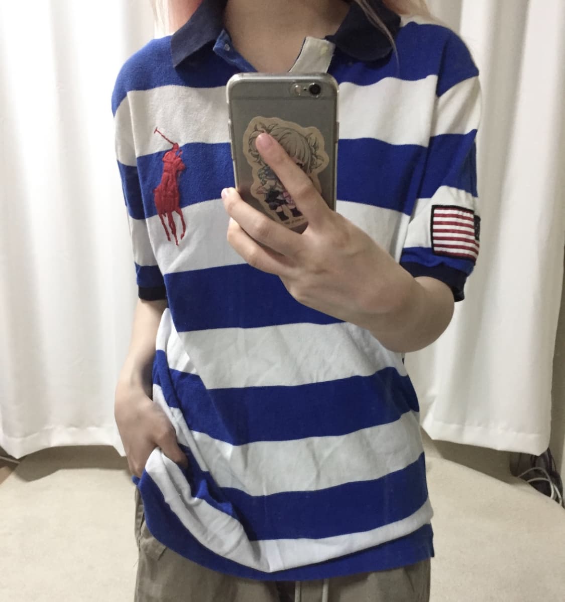 폴로 랄프로렌 화이트 블루 스트라이프 빅포니 USA 성조기 카라 반팔 티 상품이미지1