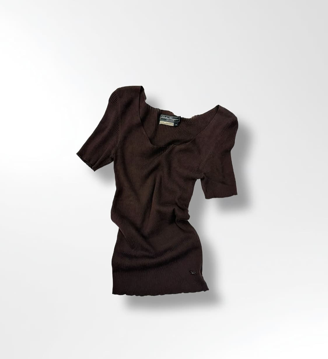 살바토레 페라가모 골지 반팔 니트 티셔츠 스퀘어넥 슬림핏 브라운 상품이미지1