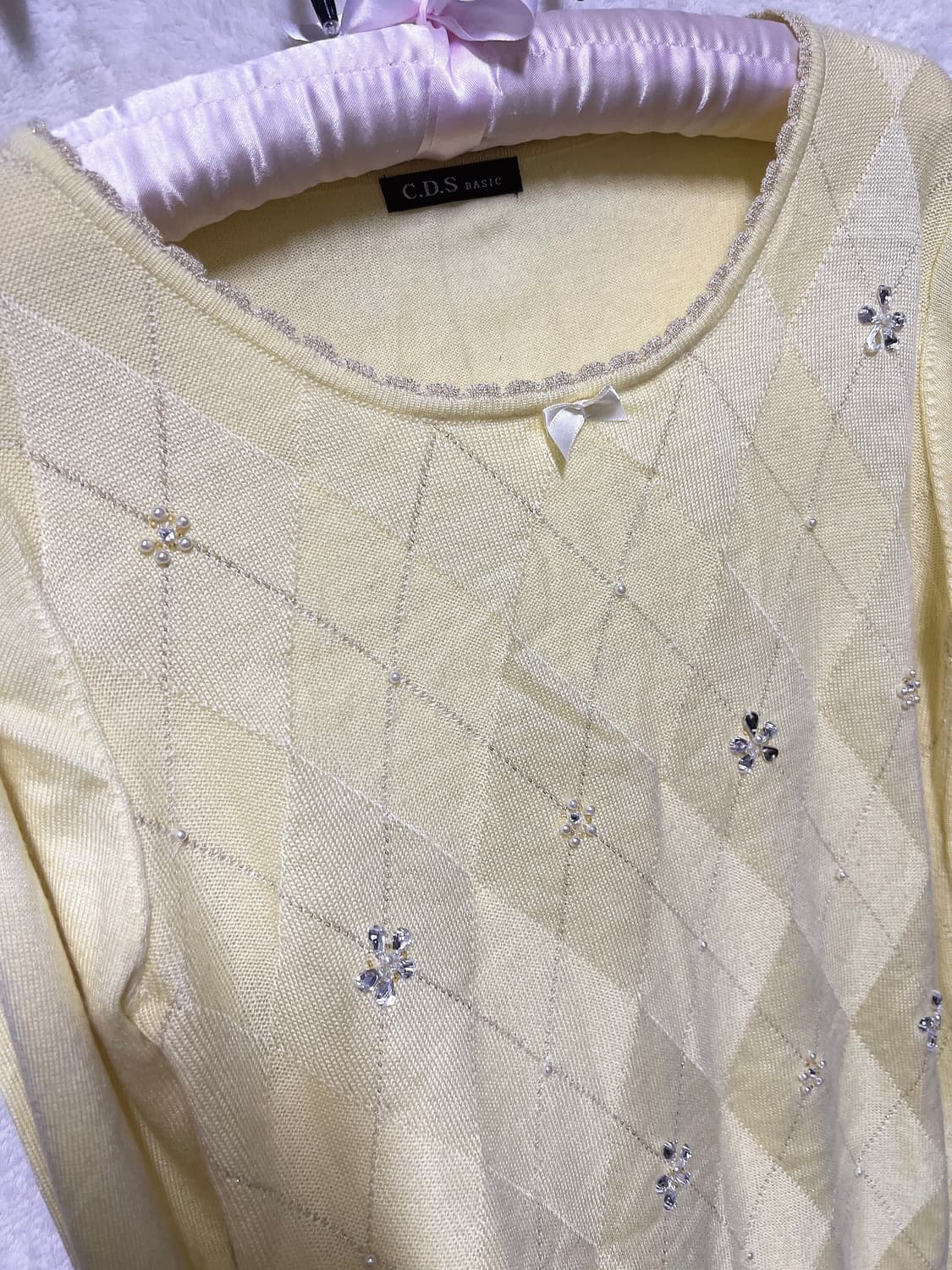 일브 아가일 진주 큐빅 니트 로맨틱갸루 로걀탑 러블리 라떼 핀터 하구미 상품이미지10