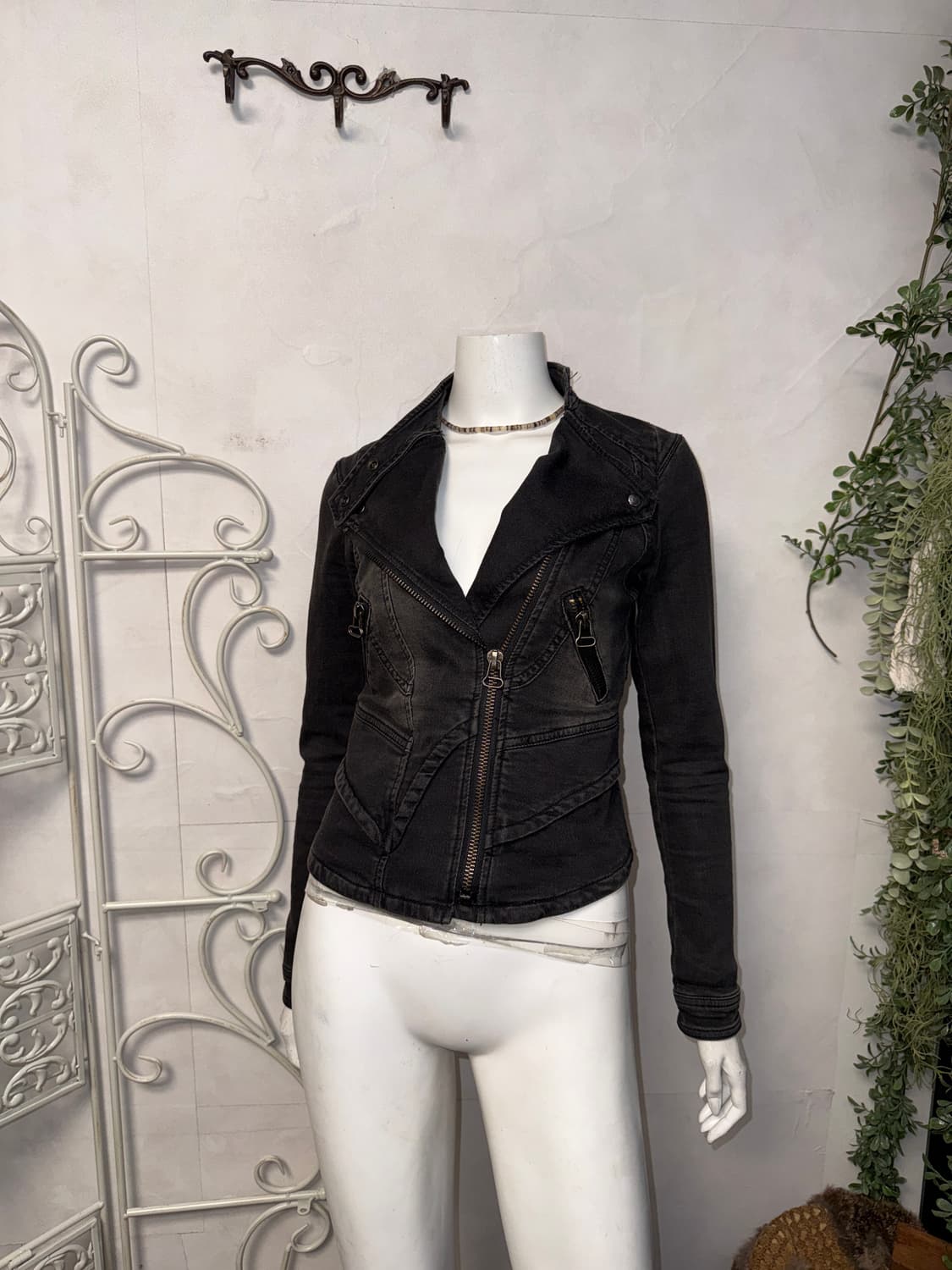 Washing black denim line zipper rider jk 상품이미지6