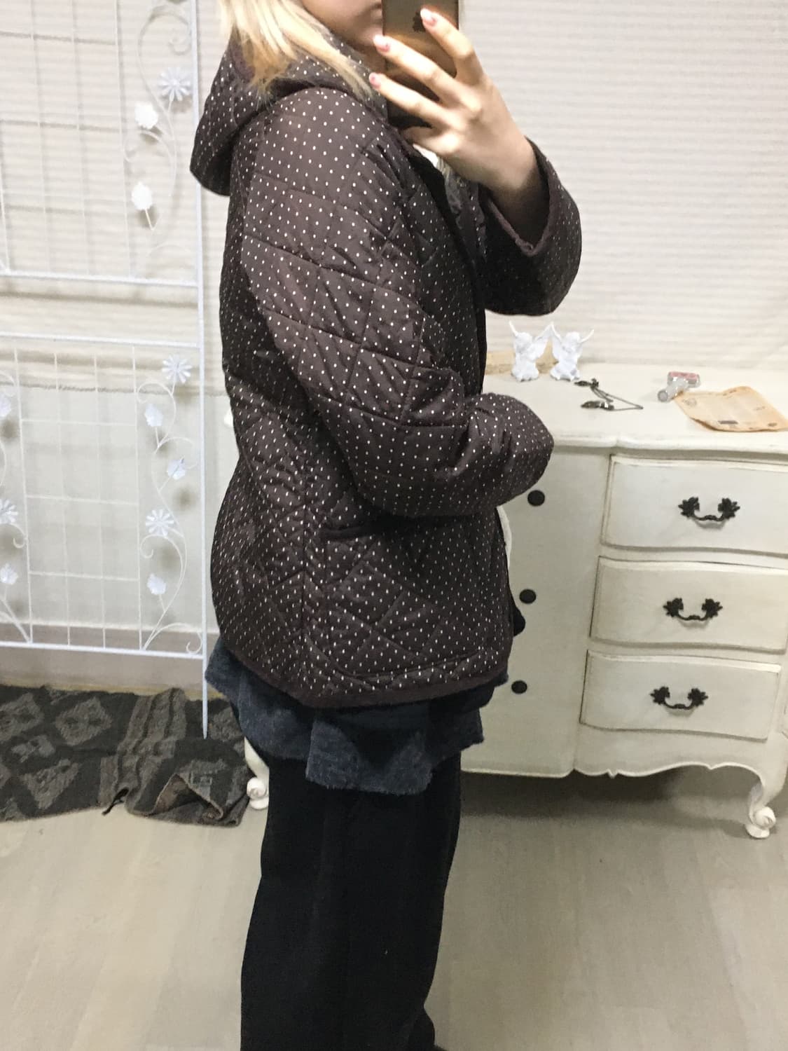 jpn vintage 브라운 도트 후드 포켓 경량 패딩  상품이미지5