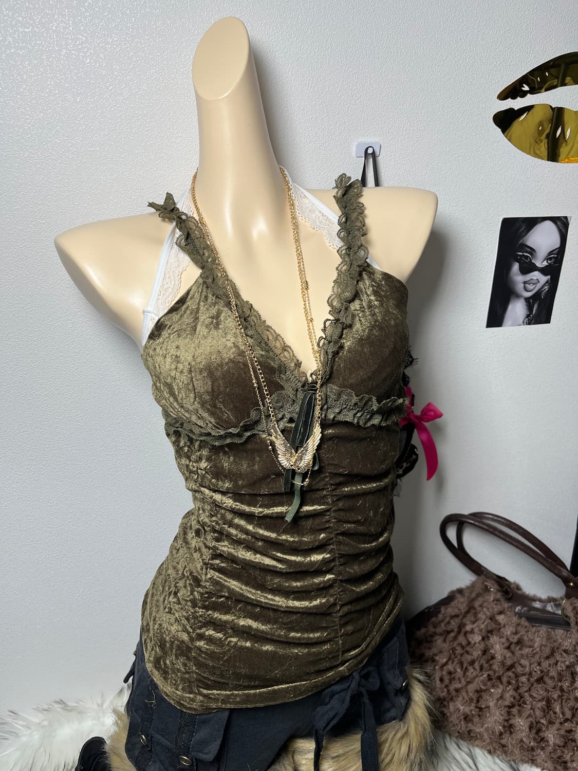 빈티지 벨벳 카키 셔링 슬리브리스 상품이미지1