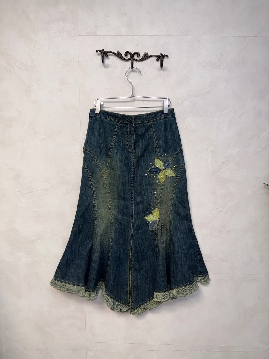 Washing denim oriental cubic floral sk 상품이미지1