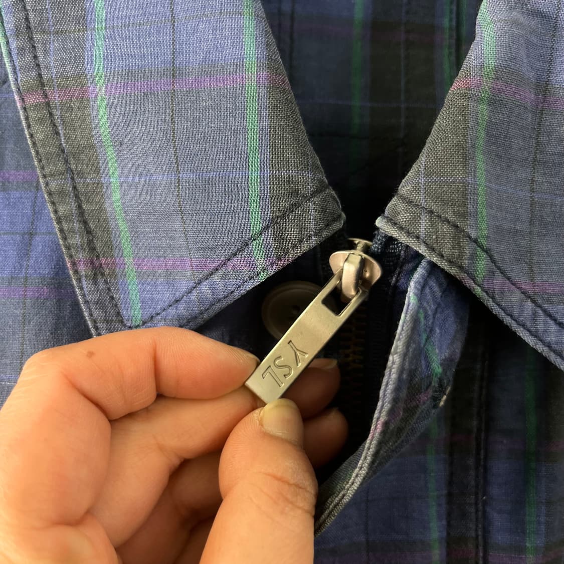 100 입생로랑 90s 린넨 체크 블루종 자켓  상품이미지3